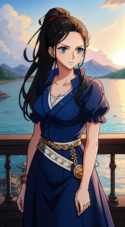1girl,nico robin,NicoRobinV3,black hair,long hair,blue eyes,ponytail,high ponytail,red ribbon,long skirt,perfect figure, an illustration in the art-style of (wanostyle),One Piece,Eiichiro Oda,Toei Animation,((Masterpiece)),(best quality:1),(highly detailed:1)portrait,upper boy,looking at viewer,stoic expression, eaba,epic,armor,best quality, masterpiece, hires, original, extremely detailed wallpaper, perfect lighting,(extremely detailed CG:1.2),8k,intricate detail,trending on artstation,digital art,, detailed,8k,, battlefield background,open planes background,epic lighting,fire in the background,epic background,burning chinese city in background,battle