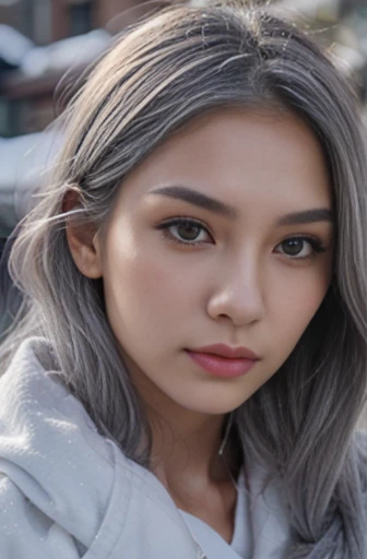 21-year-old female, silver hair, grey eyes, gorgeous, pretty, perfect symmetry, high cheekbones, clear skin, balanced facial features, Asian, snow --no jewellery --v 5.0
