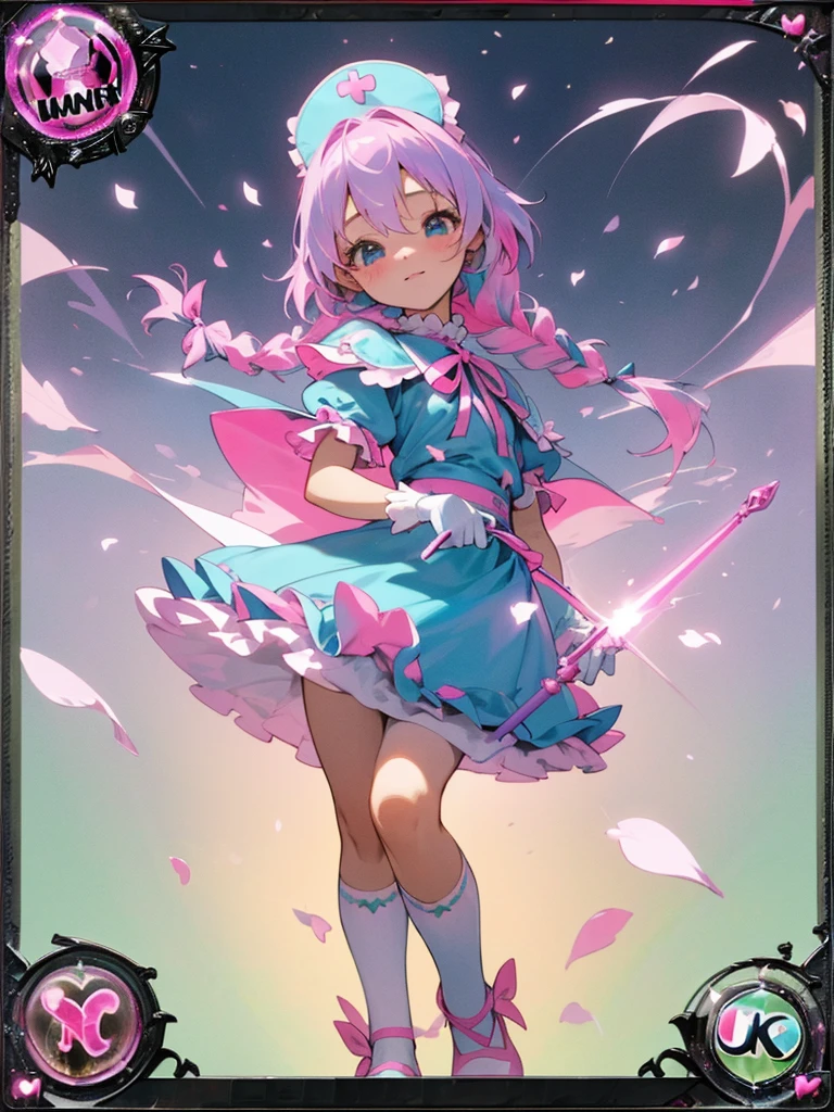 photo realistic, (masterpiece,best quality:1.4),(8k,raw photo,photo realistic:1.2),Not Safe for Work, detailed skin,detailed face,1girl,princess, cute face, super resolution,retro realistic details Illustration,,{{{elaborate,intricately,fantastic,delicately,tremendous,meticulous,minute,incredibly,obsessed,artisan's,subtle,virtuoso,skillful,vibrant, vivid, complex}}}, clearly focus edge, fresh natural gradation, best quality, amazing quality, very aesthetic, absurdres, pubisure, (((Pink gothic dresses))), mini frilled skirt, (((twin braids))), (frilled panties), happy, ((nurse cap)), ((standing)), Alice (Alice in Wonderland), Hair Between Eyes, ((Long hair)), ((light purple hair)), shimmering eyes, aqua eyes, child, 12 yo, petite, cute, (((cape))), Puffy Sleeves, shortsleeves, (((Holding a cute magic wand))), (White frilled apron), flat chest, beautiful hands, neck ribbon, White gloves, baby face, twinkle in the eye, ((pink ribbon)) (((frilled overknee socks))),(((high tops))), ((high heels)), Heart necklace, ring, masterpiece, top-quality, not safe for work, yumekawa,yumekawaii, pastel color,(wonderland:1.3),imagination, (((falling petals))), Flower, (Multicolored lights), (((trading card)))