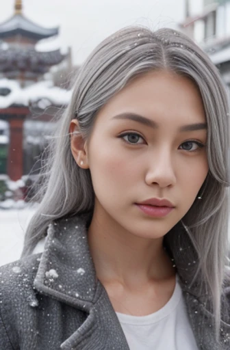 21-year-old female, silver hair, grey eyes, gorgeous, pretty, perfect symmetry, high cheekbones, clear skin, balanced facial features, Asian, snow --no jewellery --v 5.0