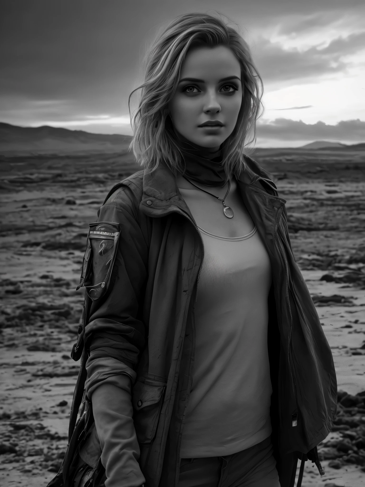 Photorealistic, masterpiece grayscale photo, woman with messy hair and poor minuscule postapocalyptic clothes, cute sexy, (detailed wastelands background), ultra sharp focus, detailed face, (((posing))), random hair color, short hair, beautiful eyes, full body, high quality black and white image