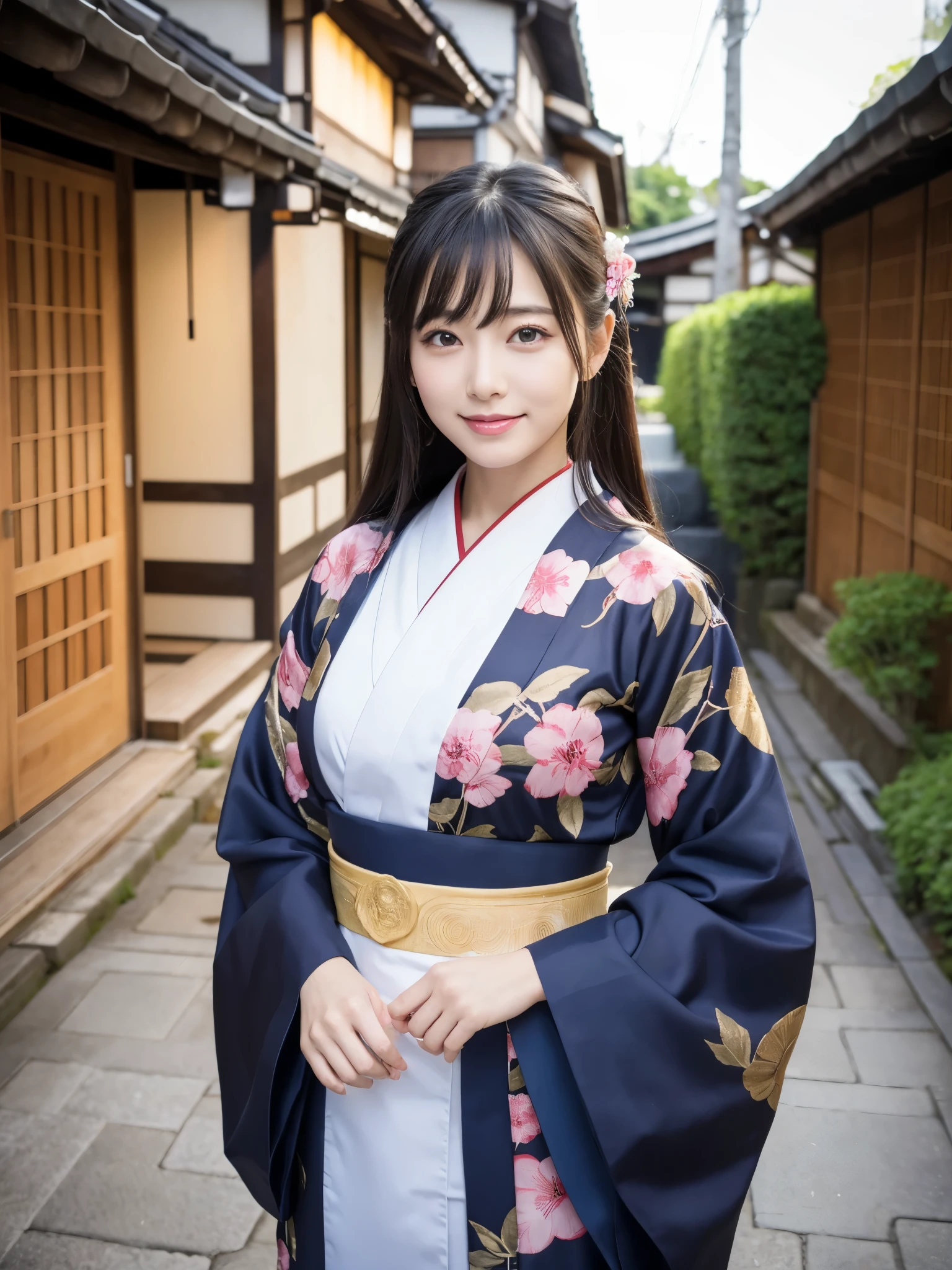 Beautiful woman in neat Japanese clothes、((best qualtiy、8k masterpieces:1.3))、foco nítido:1.2、(ultra beautiful faces:1.0)、(shinny skin:1.0)、photos realistic、A dark-haired、Video Lighting、High-definition eyes and face、Video Lighting、Japan Idol Actress、from the front side、medium breasts、Smile、Slender Abs Beauty、Whole body、In furisode