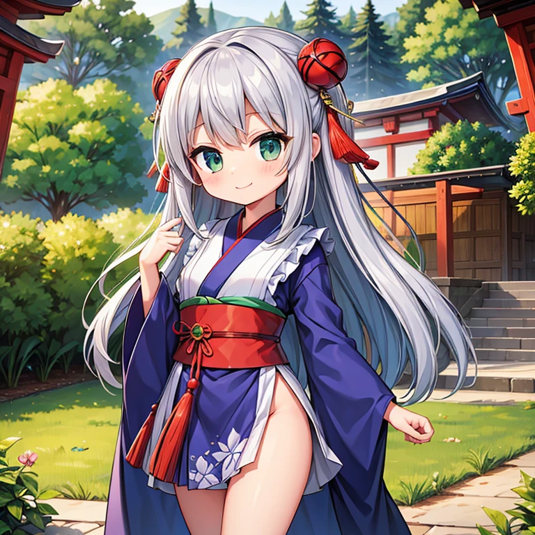 high quality, girl,short skirt kimono,long straight hair,silver hair,Hairpin,young,young顔立ち,flat chest,big eyes,green eyes,topless,small breasts,geta,No panties,Pussy,spread legs,smile,shrine,The scenery of Japan