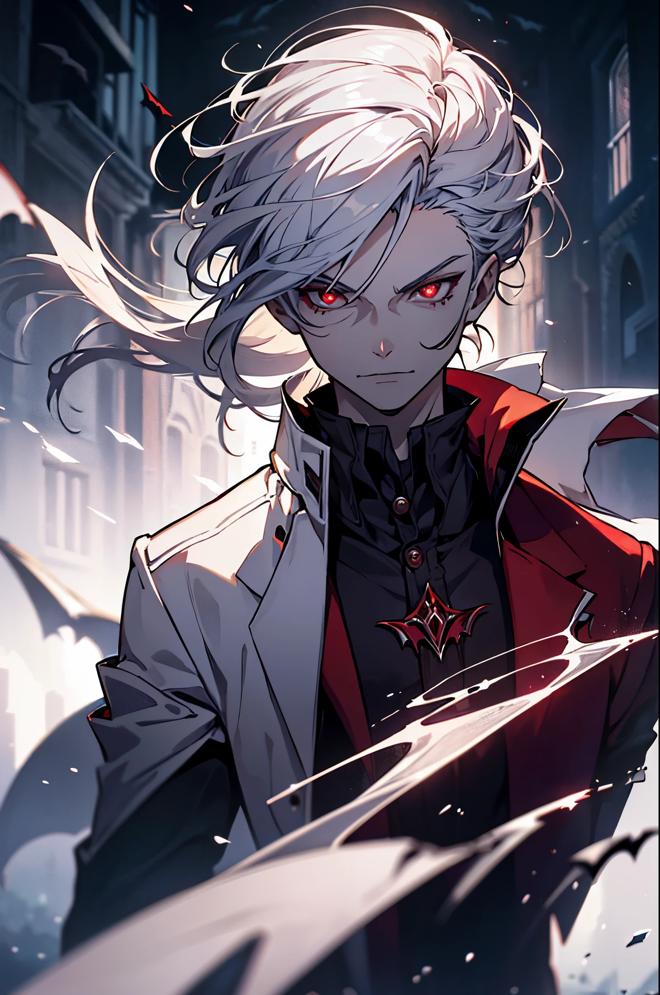 With white hair,A serious expression,side face,floating hair,light particles,glare,vivid,fancy,dreamlike,a dim atomshpere, ((Vampire boy)) ((Vampire Warrior)) ((Dark Fantasy)) ((Red-Eyes)) ((Mature))
