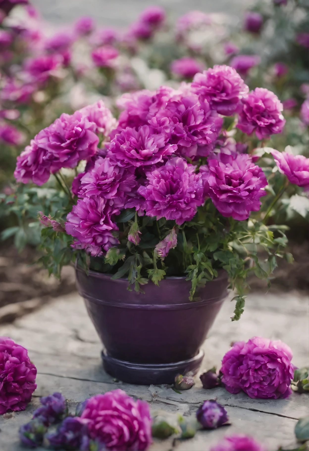 purple flowers are growing in a pot on the ground, a portrait by Bernard D’Andrea, pexels, romanticism, purple flowers, pinks, pink flowers, beautiful flowers growing, flowers blooming, red and magenta flowers, some purple, carnation, magenta colours, pink flower, beautiful flowers, brightly colored flowers, pretty flowers, purple and red flowers, flower 