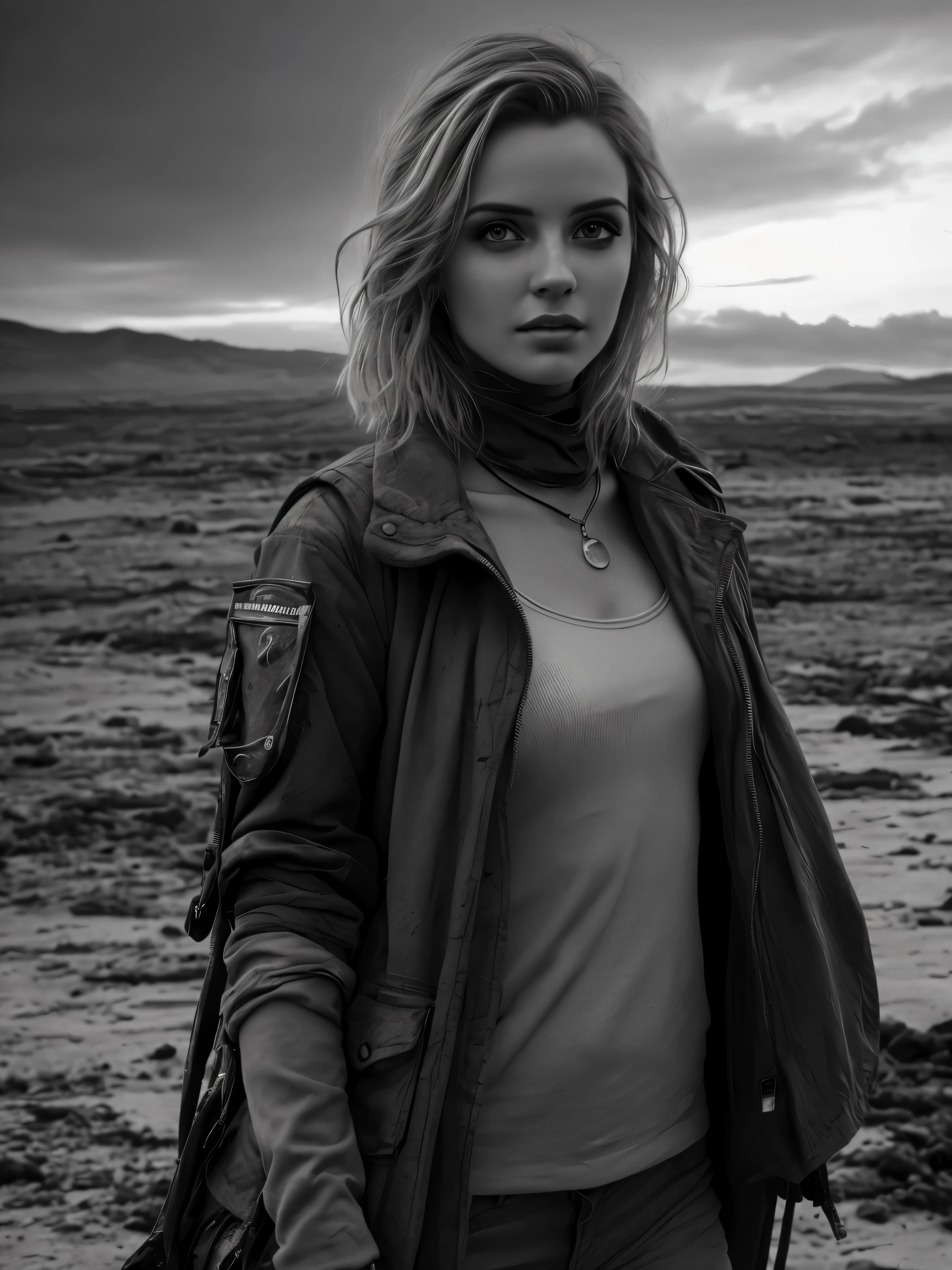 photorealistic, Masterpiece photo in shades of gray, woman with disheveled hair and tiny post-apocalyptic clothes, cute sexy, (Detailed wasteland background), ultra sharp focus, Detailed face, (((posing))), random hair color, short hair, Beautiful eyes, whole body, high quality black and white image