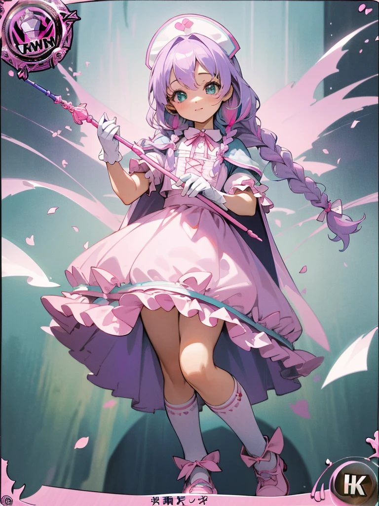 photo realistic, (masterpiece,best quality:1.4),(8k,raw photo,photo realistic:1.2),Not Safe for Work, detailed skin,detailed face,1girl,princess, cute face, super resolution,retro realistic details Illustration,,{{{elaborate,intricately,fantastic,delicately,tremendous,meticulous,minute,incredibly,obsessed,artisan's,subtle,virtuoso,skillful,vibrant, vivid, complex}}}, clearly focus edge, fresh natural gradation, best quality, amazing quality, very aesthetic, absurdres, pubisure, (((Pink  gothic dresses))), mini frilled skirt, (((twin braids))), (frilled panties), happy, ((nurse cap)), ((standing)), Alice (Alice in Wonderland), Hair Between Eyes, ((Long hair)), ((light purple hair)), shimmering eyes, aqua eyes, child, 12 yo, petite, cute, (((cape))), Puffy Sleeves, shortsleeves, (((Holding a cute magic wand))), (White frilled apron), flat chest, beautiful hands, neck ribbon, White gloves, baby face, twinkle in the eye, ((pink ribbon)) (((frilled overknee socks))),(((high tops))), ((high heels)), Heart necklace, ring, masterpiece, top-quality, not safe for work, yumekawa,yumekawaii, pastel color,(wonderland:1.3),imagination, (((falling petals))), Flower, (Multicolored lights), (((trading card)))