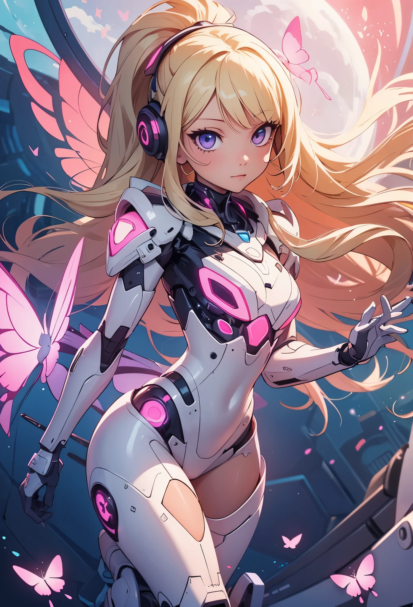 ((Highly accurate drawing in every detail)Extremely precise depiction)[High resolution],(detailed illustrations,とてもfineで緻密な描画,Delicate drawn lines with tempo,Realistic texture expression),[color traced main line],[labo],[[HENTAI]] ANIME (CYBERGirl anime Beauty  Cyborg[wavy hair (platinum blonde)]),([Butterfly wings] Magenta-pink Papillon cybernean armor [Aurora Armor] Fuselage only transparent material) Cyber Headset,(cybernetic [clear lenticular iris]),(intricate and beautiful decoration [Dense detail]),(Fine and beautiful skin expression [transparency]),[完璧な目のdetailed (Beautifully detailed iris)(Eyes like deep jewels)],(eyes light[Pinpoint lighting for the eyes]),[long and beautiful eyelashes],[precisely drawn hair [美しく艷やかな髪のdetailed]],(完璧な手のdetailed [Beautiful fingers with no damage [beautiful nails]]),(perfect anatomy(perfectly balanced proportions))[[full body portrait]],[[Design built to the highest level]][ideal color coordination(Accurate simulation of light and material interactions)],([Precision Detail](detailed,高fine)),[Visual art that tells a story],((highest quality)fine[[High density drawing]])[FHD].