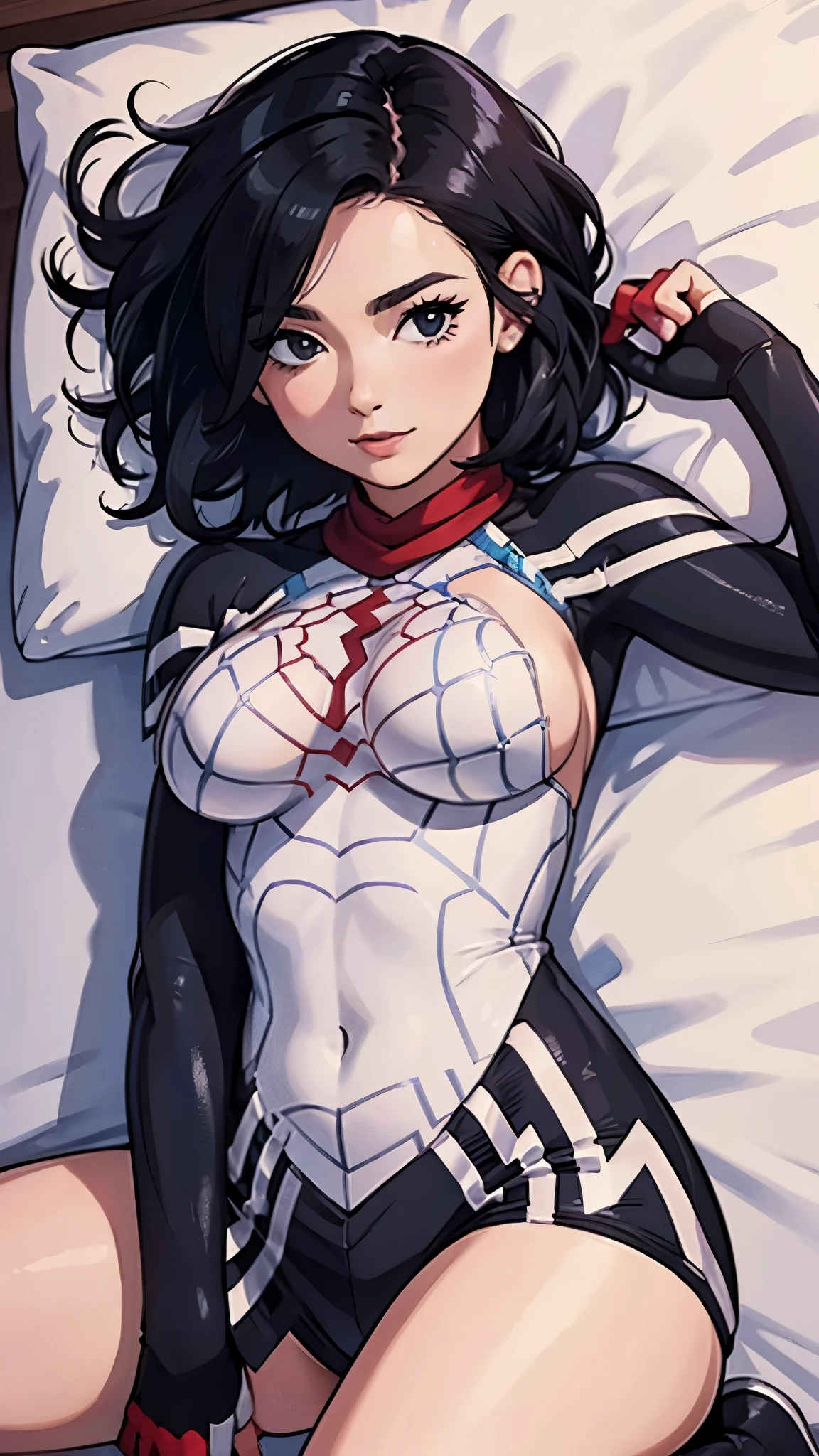 (best quality,4k,highres,masterpiece:1.2),ultra-detailed,realistic,portrait,Silk,Cindy Moon,black eyes,curvy body,full body,short hair,lying on the bed,top-down POV,blushing face,flirtatious gaze,vivid colors,soft lighting