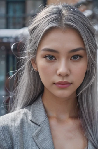 21-year-old female, silver hair, grey eyes, gorgeous, pretty, perfect symmetry, high cheekbones, clear skin, balanced facial features, Asian, snow --no jewellery --v 5.0