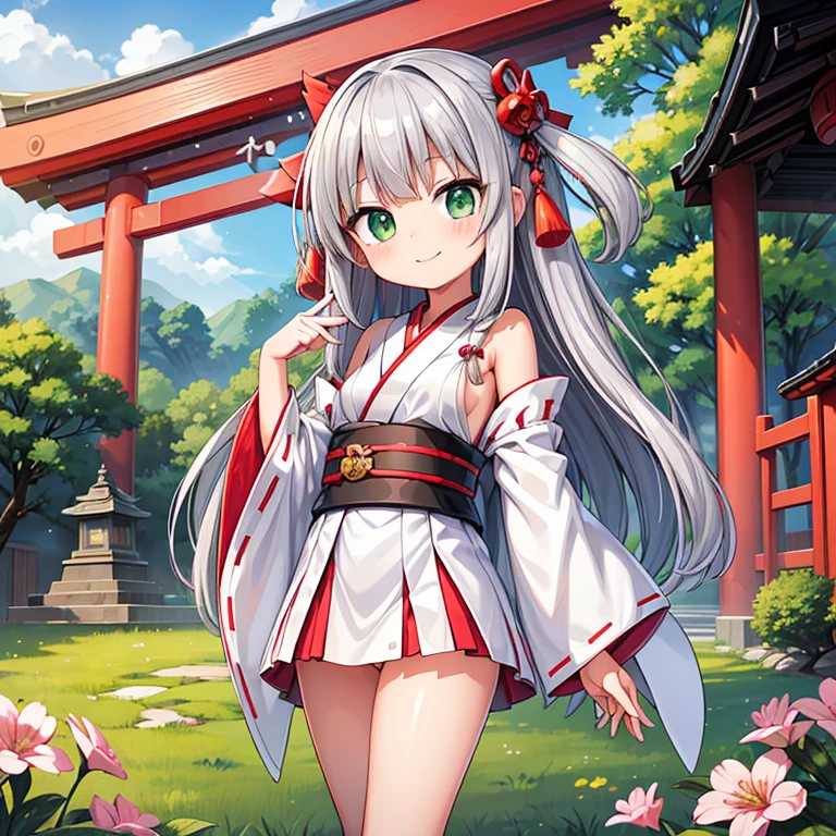 high quality, girl,short skirt kimono,long straight hair,silver hair,Hairpin,young,young顔立ち,flat chest,big eyes,green eyes,Shrine maiden style,geta,look back,No panties,Buttocks,smile,Panty shot,shrine,The scenery of Japan