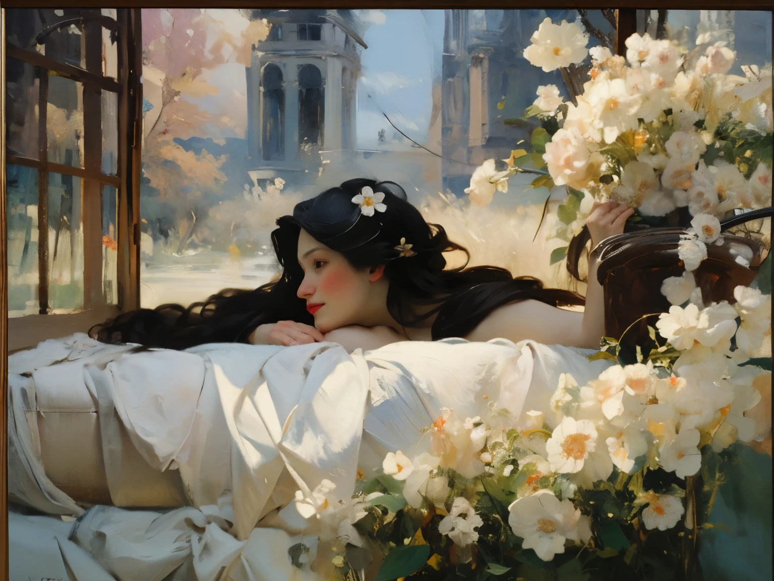 (oil painting:1.5),
\\
a woman with long black hair and white flowers in her hair is laying down in a field of white flowers, (amy sol:0.248), (stanley artgerm lau:0.106), (a detailed painting:0.353), (gothic art:0.106) golden abstract expressionism and the museum of art 