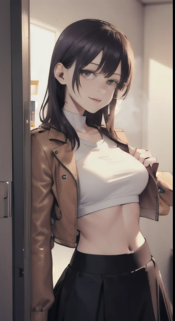 young ebony girl, black skin, purple hair, high ponytail, yellow eyes, White leather jacket, skirt, open belly, big breasts、underboob, bewitching smile, masterpiece, high quality、((dimly lit park toilet、seductive pose))、heavy makeup、Shiny light pink strong lipstick、detailed background、(((sweat))),