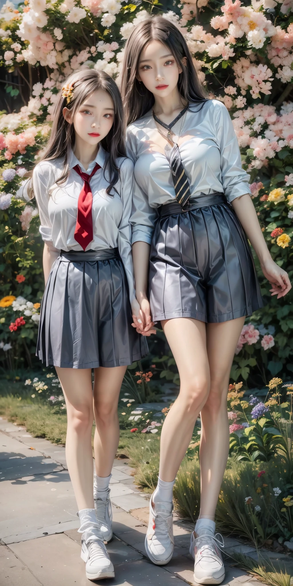 realistic, 1 women, best quality, 12k, HD, long hair, big round breasts, cleavage, ponytail, necklace, jewelry, shorts, short jacket, slim hips, hair tie, yellow eyes, black hair, super detailed, Eye details, hair details, person details, mouth details, face details, breast details, clothes details, hair details, pants details, hand details, whole body