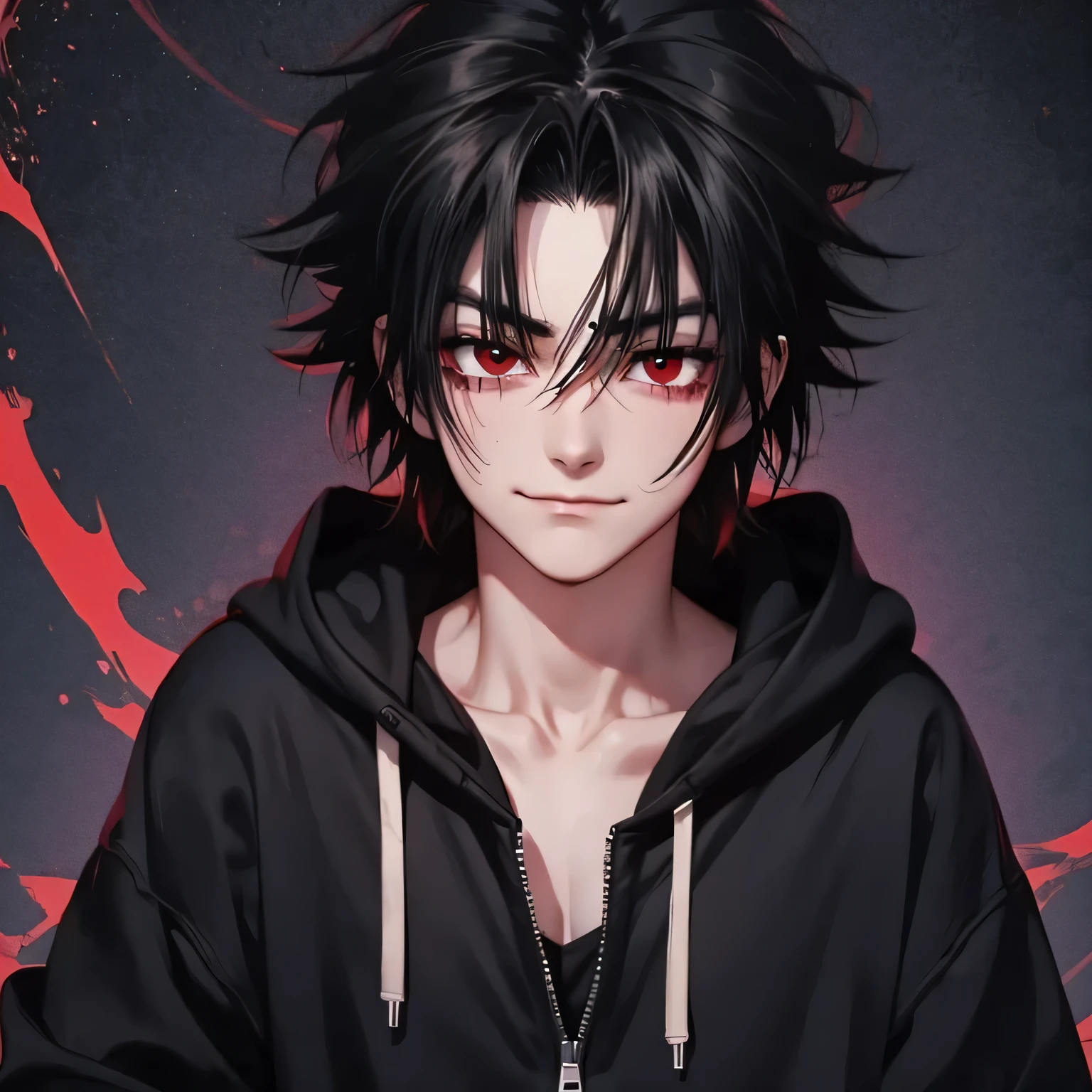 anime, boy, black hair, hoodie, looking down, smile, angry, red eyes, powerful, energy, black room, sinister, yandere, crazy, closeup shot