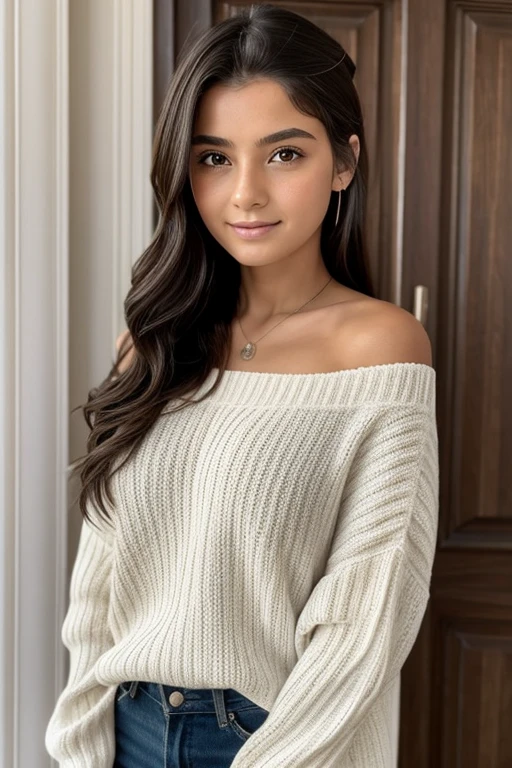masutepiece、top-quality、hight resolution、Eleonora Pavinato, 13 years old, Youngest headshot in the room sweter z dużym dekoltem you can see big breasts Beautiful bust girl Black hair Bun hair Beautiful firm breasts are big comb oczami seksowna