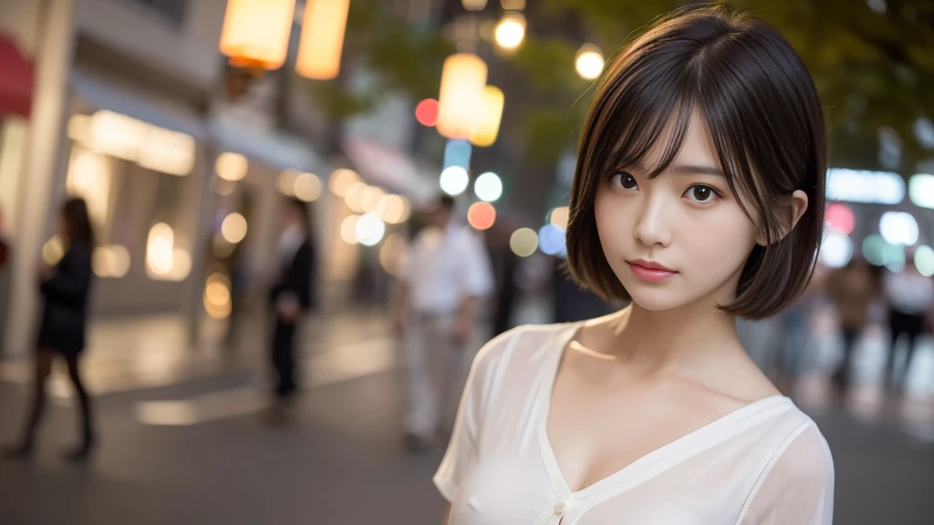 ((Highest quality, 8ก, Masterpiece: 1.3, raw photos)), Sharp focus: 1.2, (alone), (1 AESPA Girl: 1.2), (realistic, realistic: 1.37), (Face focus: 1.1), Cute face, small breasts, Flat chest, messy short hair, (business shirt: 1.1), Beautiful woman standing in the city under the light of a lantern, movie light, , Chiffon panties, details eye