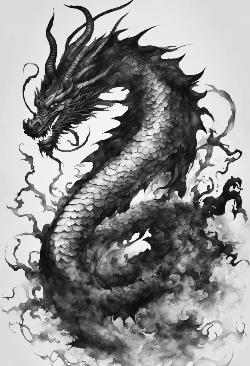 ink painting dragon、black and white divine dragon、black and white ink painting、dragon ink painting、Divine dragon ink painting、no people are depicted、Ink painting of divine dragon only、