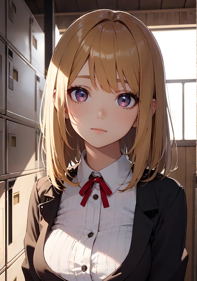 masterpiece, absurdres, best quality, ultra detailed, high Resolution, detailed illustration, extremely beautiful detailed face and eyes, bright colour, 1girl, (li), cute face, Delicate beautiful face, magenta eyes, cute eyes, sparkling eyes, big eyes, medium breasts, (perky breasts:1.1), (pointy breasts:1.1), medium hips, glamorous body, white skin, happy, BREAK, long bob cut, (blonde hair:0.8), messy hair, detailed hair, shiny hair, BREAK waitress uniform, tiny ribbon, Changing clothes, workplace locker room, real world, natural lights, perfect lighting,