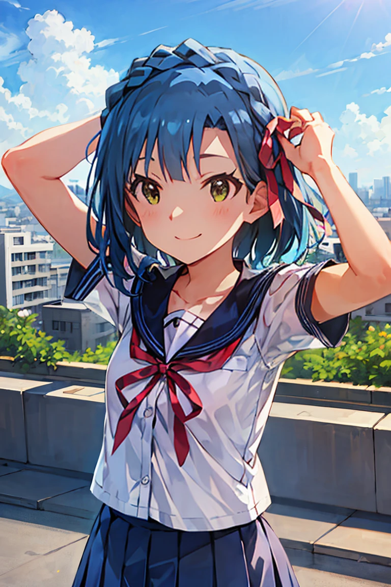 yuriko nanao (million live), (best quality, 8K, masterpiece, ultra detailed:1.2), cinematic angle,
day, dappled sunlight, blue sky, beautiful clouds, cityscape, lens flare, sparkle, light particles, wide shot,
1girl, solo, skirt, smile, looking at viewer, sailor collar, pleated skirt, short sleeves, school uniform, blush, serafuku, collarbone, ribbon, upper body, adjusting hair, wind, floating hair,