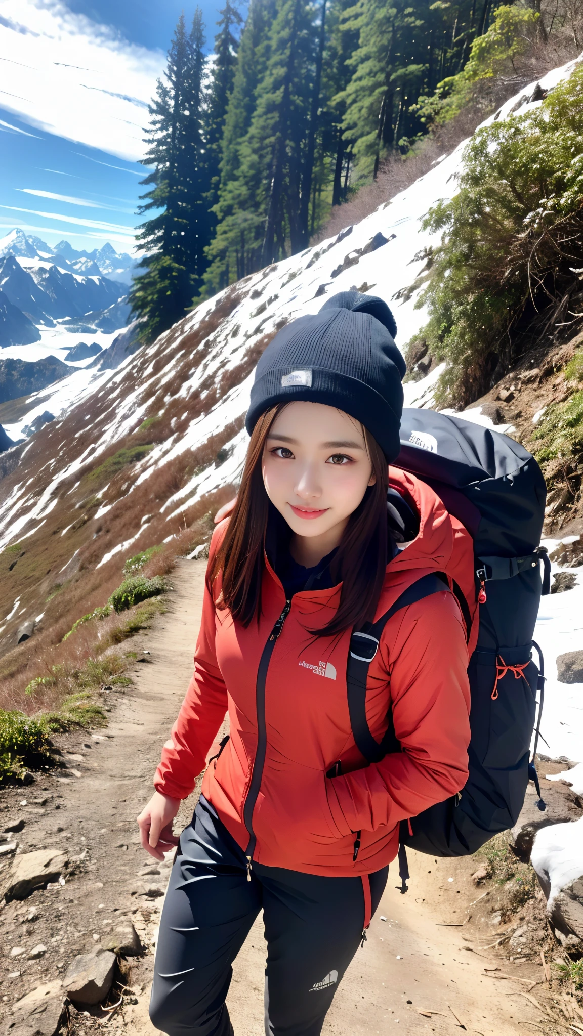 (Background, Magnificent snow mountain views):1.3, (snow mountain:1.37), (8k, RAW photo, best quality, masterpiece:1.2), (realistic, photo-realistic:1.37), ultra-detailed, high quality, professional lighting, physically-based rendering photo of 20 years woman, (1girl:1.3), (Japanese girl), mountaineer, mountain climber, (semi-long hair, dark brown hair), (high detailed skin:1.2), (ultra delicate face, ultra Beautiful fece, ultra delicate eyes, ultra detailed nose, ultra detailed mouth), (mountaineering jacket(thenorthface), mountaineering clothing, mountaineering, trekking-pants, knit hat), (Carrying a backpack), (Walking along a mountain trail), from the front side, full body shot