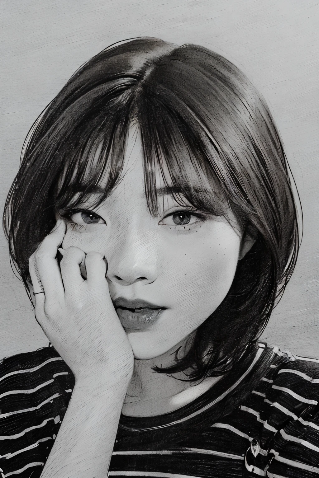 a drawing of a woman with a hand on her face, lofi portrait, solo portrait 🎨🖌️, realistic sketch, 🤤 girl portrait, traditional drawing style, portrait of kpop idol, black and white sketch, portrait of female korean idol, portrait jisoo blackpink, inspired by Kim Jeong-hui, portrait of jossi of blackpink, detailed illustration portrait, line art portrait