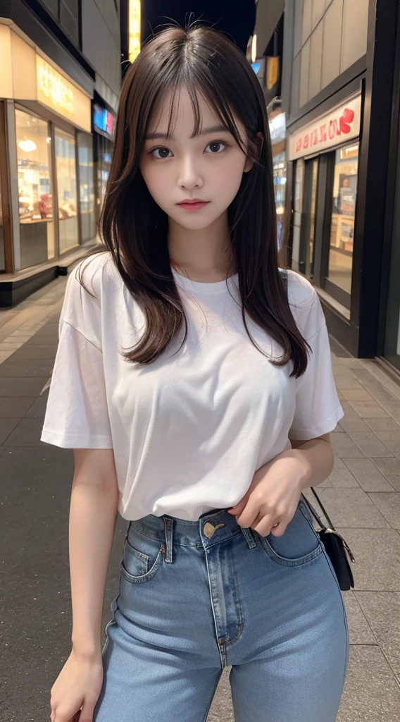finely, High resolution, high quality、perfect dynamic composition, beautiful and fine eyes, medium hair, small breasts、natural color lip,Kamimei、Shibuya Ward、20 year old girl、1 person、transparent skin、shining hair、table top, 最high quality, super detailed, finely, High resolution, 8K、correct state of the human body、squat、sculpture model pose,beautiful night view,In front of the café,beautiful ilumination,Photographed with hair fluttering in the wind,((White Y-shirt:1.3,big silhouette denim pants:1.3,))