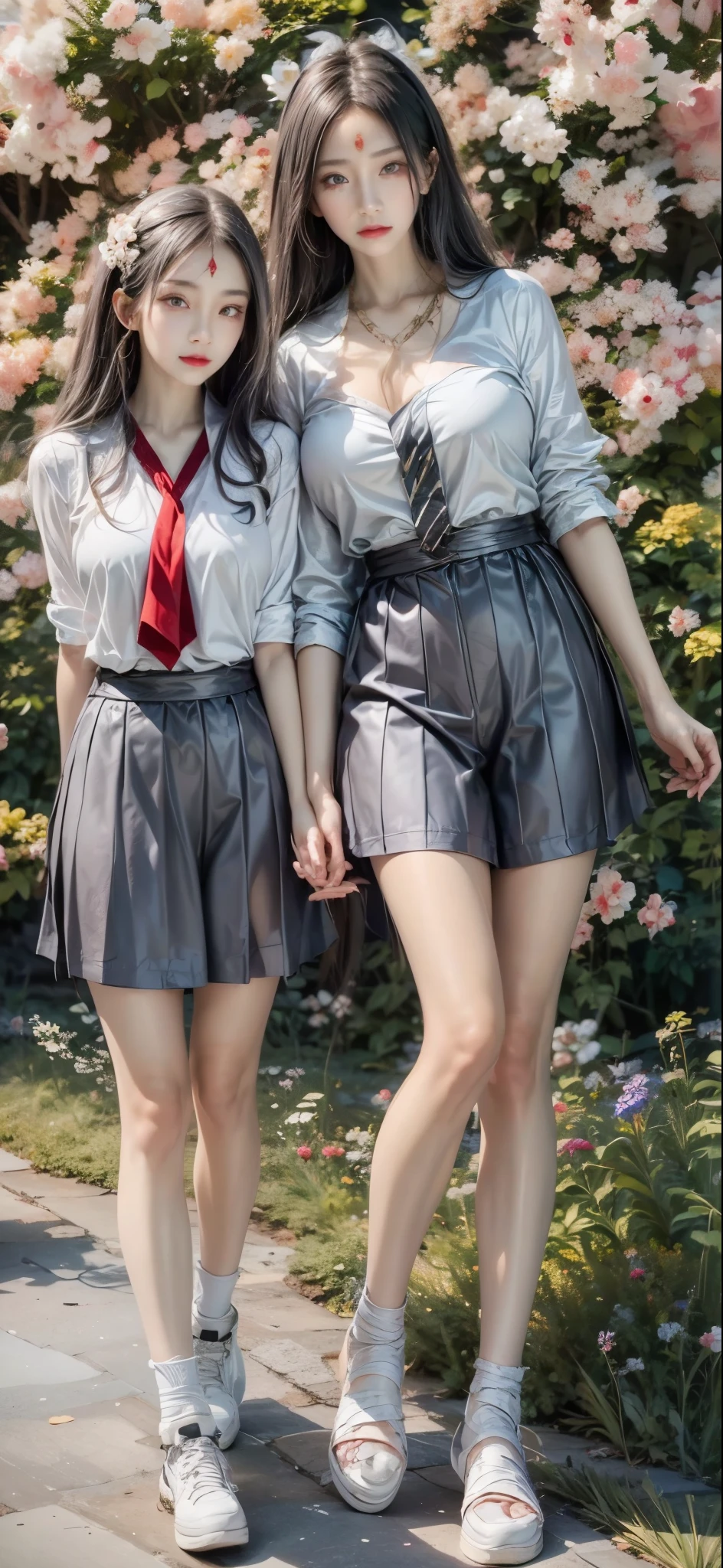 realistic, 1 women, best quality, 12k, HD, long hair, big round breasts, cleavage, ponytail, necklace, jewelry, shorts, short jacket, slim hips, hair tie, yellow eyes, black hair, super detailed, Eye details, hair details, person details, mouth details, face details, breast details, clothes details, hair details, pants details, hand details, whole body