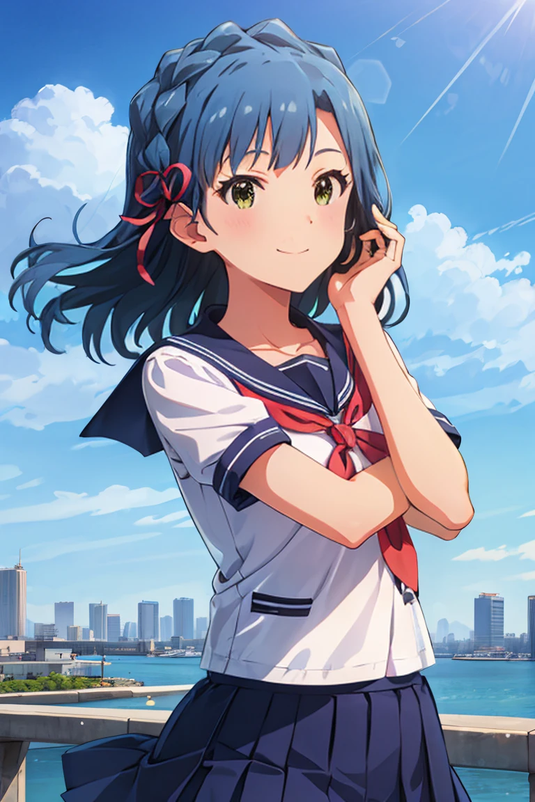 yuriko nanao (million live), (best quality, 8K, masterpiece, ultra detailed:1.2), cinematic angle, day, dappled sunlight, blue sky, beautiful clouds, cityscape, lens flare, sparkle, light particles, wide shot, 1girl, solo, skirt, smile, looking at viewer, sailor collar, pleated skirt, short sleeves, school uniform, blush, serafuku, collarbone, ribbon, upper body, adjusting hair, wind, floating hair,