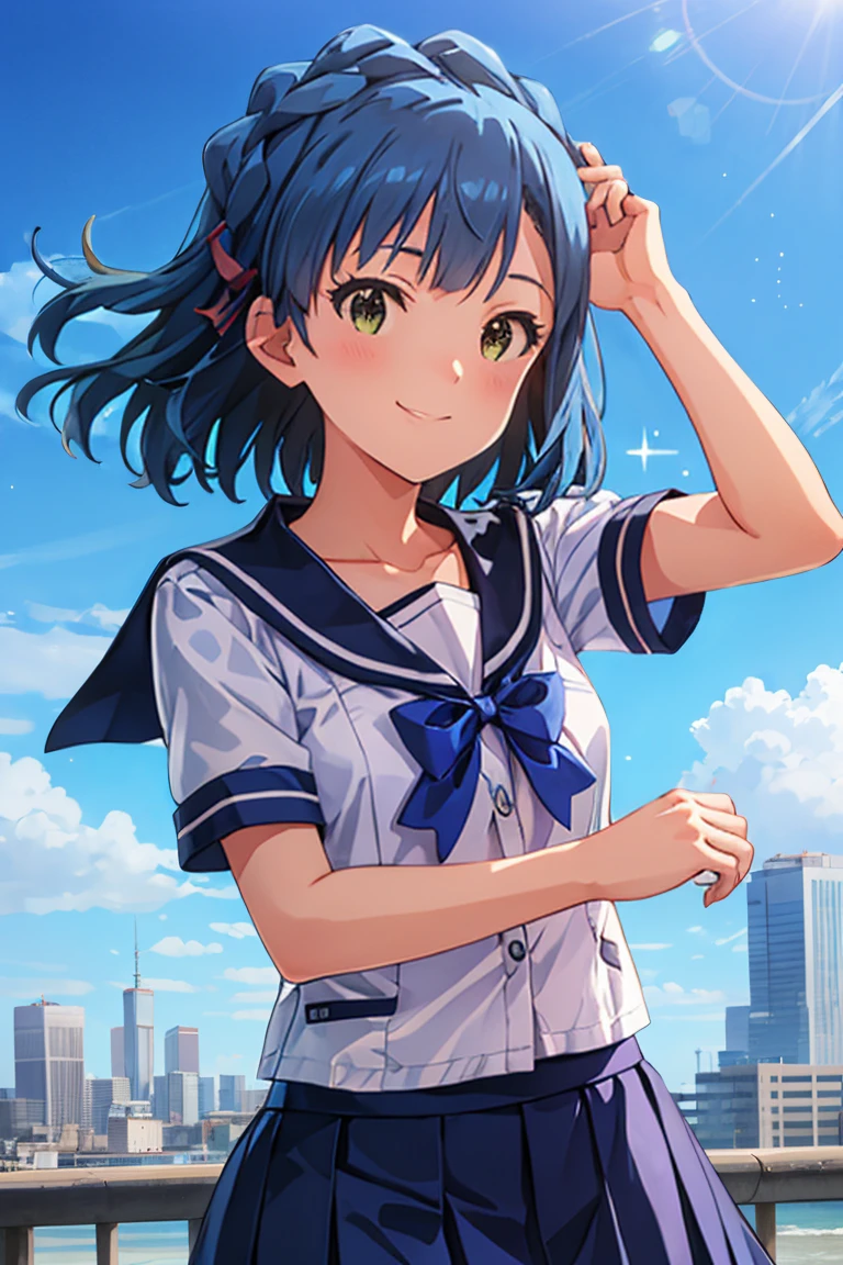 yuriko nanao (million live), (best quality, 8K, masterpiece, ultra detailed:1.2), cinematic angle, day, dappled sunlight, blue sky, beautiful clouds, cityscape, lens flare, sparkle, light particles, wide shot, 1girl, solo, skirt, smile, looking at viewer, sailor collar, pleated skirt, short sleeves, school uniform, blush, serafuku, collarbone, ribbon, upper body, adjusting hair, wind, floating hair,