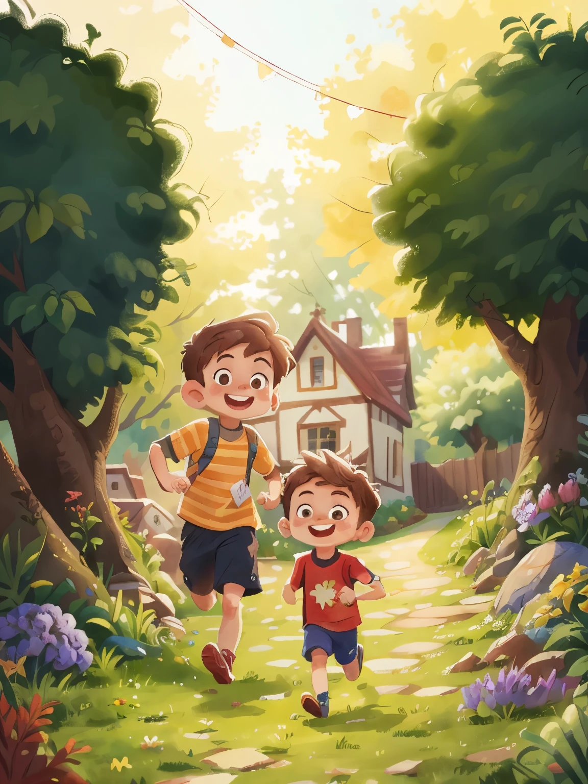 Watercolor. boy, one and younger, with brown hair, smiling, very happy, running, seen from the back, different clothes , Full-length, the background is a beautiful and cozy country house, garden with flowers, sunny, perfect quality, (mess-house: 0.8), (masterpiece: 1.2) (Realistic: 1.2) (Bokeh) (Best quality ) (Detailed skin : 1.3) (Intricate details) (8K) (Detailed eyes) (Sharp focus), (Happy)