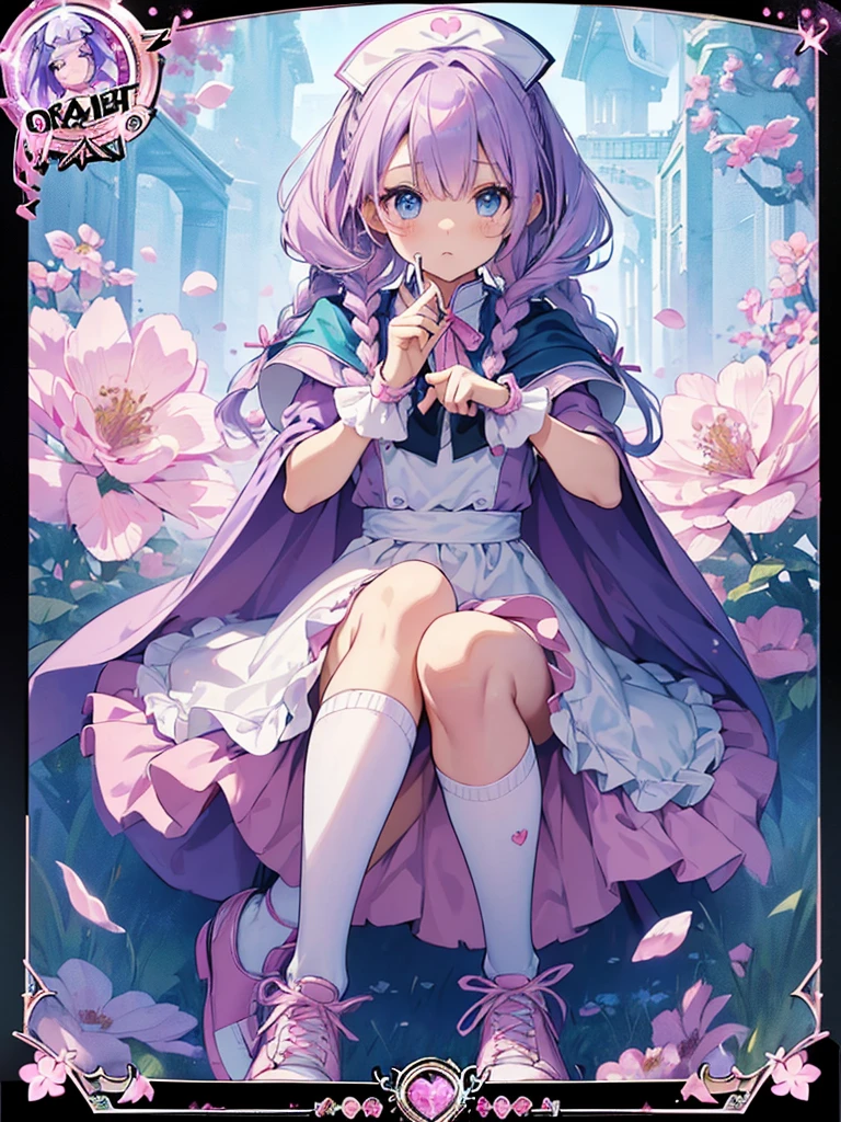 photo realistic, (masterpiece,best quality:1.4),(8k,raw photo,photo realistic:1.2),Not Safe for Work, detailed skin,detailed face,1girl,princess, cute face, super resolution,retro realistic details Illustration,,{{{elaborate,intricately,fantastic,delicately,tremendous,meticulous,minute,incredibly,obsessed,artisan's,subtle,virtuoso,skillful,vibrant, vivid, complex}}}, clearly focus edge, fresh natural gradation, best quality, amazing quality, very aesthetic, absurdres, pubisure, (((Pink gothic dresses))), mini frilled skirt, (((twin braids))), (frilled panties), happy, ((nurse cap)), ((fighting stance, {{kung fu}}, leg up,)), Alice (Alice in Wonderland), Hair Between Eyes, ((Long hair)), ((light purple hair)), shimmering eyes, aqua eyes,o, petite, cut(((cape))), Puffy Sleeves, shortsleeves, (((Holding a cute magic wand))), (White frilled apron), flat chest, beautiful hands, neck ribbon, White gloves, baby face, twihe eye, ((pink ribbon)) (((frilled overknee socks))),(((high tops))), ((high heels)), Heart necklace, ring, masterpiece, top-quality, not safe for work, yumekawa,yumekawaii, pastel color,(wonderland:1.3),imagination, (((falling petals))), Flower, (Multicolored lights), (((trading card)))