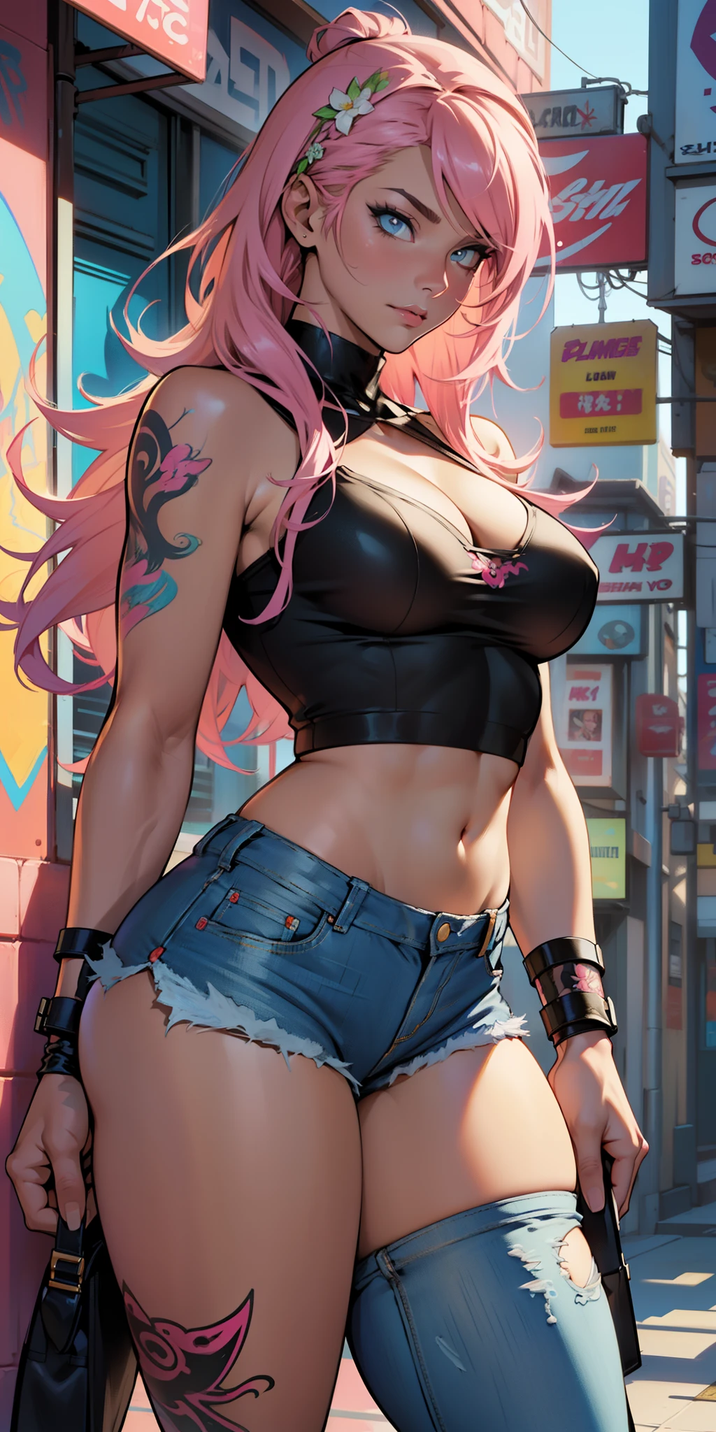 Background, In chic boho style, in a café, Ice cream print, multi-colored neon lights, neon garlands, Pink lavender mint hair, mixed-language_SMS, Japanese graffiti, (beautiful and clear background:1.2),, fantastic paintings ,graffit style, olhos altamente detalhados , Underwear, lace, latex, blonde girl, Cat Print, tattoo, Loving, Love, ultra detailed hair, Masterpiece, Best Quality, hig quality, high-resolution, detail enhancement, ((most beautiful image in the world)), Masterpiece, Best Quality, hig quality, high-resolution, detail enhancement, ((most beautiful image ), Shiny pink degrade hair, ultra short fitted Stampa Flores, Rollers,  tights in a mesh, Short denim shorts,  art by stjepan sejic, art by j scott campbell, art by guillem march, art by citemer liu, 4k, high-resolution, comic book character, comic, high quality detailed,   style of ::2.0 comix illustration style,tatoon style, hig quality, high-resolution, detail enhancement, 8K, HD, Best Quality, hig quality, high-resolution, detail enhancement, 8K, HDR, Sharp focus, Ultra Detailed, Perfect lighting, Curvy Body, Lush breasts, Curvy hips