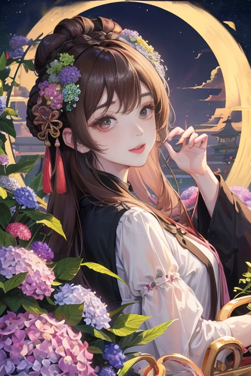 masterpiece, best quality, night, full moon, 1 girl, mature woman, Chinese style, China, elder sister, imperial elder sister, Smile, brown hair, princess cut, Fried dough braids, bun hair, Double ball head, Light pink lips, calm, intellectuals, Hair midpoint, green student, hairpin, hydrangeas,