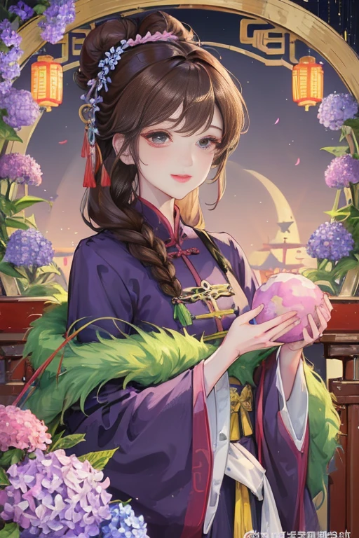 masterpiece, best quality, night, full moon, 1 girl, mature woman, Chinese style, China, elder sister, imperial elder sister, Smile, brown hair, princess cut, Fried dough braids, bun hair, Double ball head, Light pink lips, calm, intellectuals, Hair midpoint, green student, hairpin, hydrangeas,