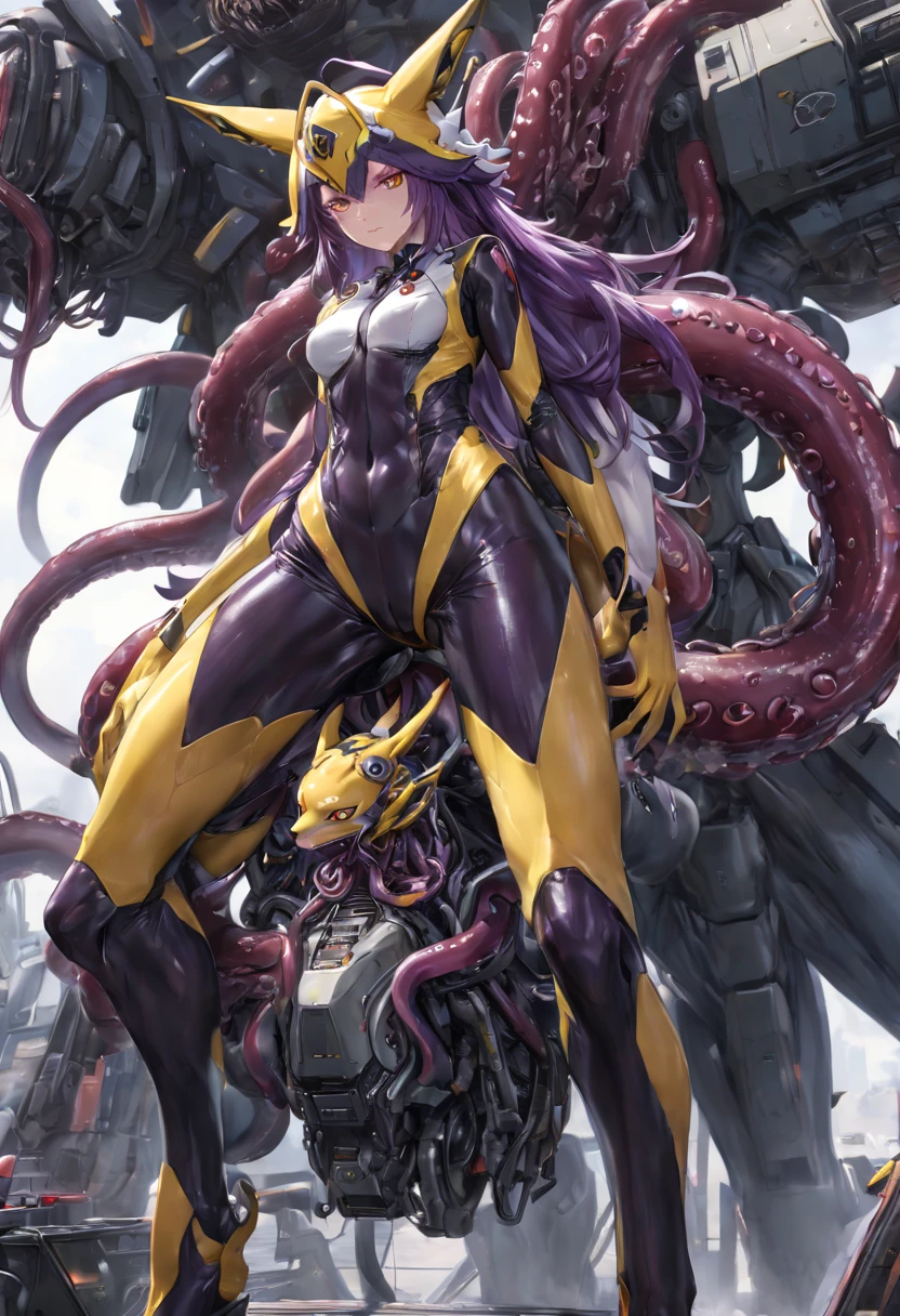 4K，real，realistic，near future，NSFW，transformation，porn，adult，Renamon and the giant battle mecha，livingclothes，The pilot is inside a giant battle mech.，Pilot details(full body concept art，Renamon is the pilot，Height: 160cm，The pilot is in front of a giant battle mech.，The pilot is wearing a Renamon-type tight skin suit.，face:Renamon type full face helmet，tentacle cockpitに跨がる，attached to tentacles，fuck pussy with tentacles，Renamon&#39;s tight skin suit is sticky and glossy with mucus.，A fluffy fox tail is growing，evil depravity，carnage)，Details of the giant battle mecha(full body concept art，Humanoid，Looks like a fusion of Renamon and a dragon，symbiote，evil depravity，Height 40 meters，It has a fluffy tail.，fox ears，standing behind the pilot)，tentacle cockpit，Inside the cockpit(The cockpit is covered in tentacles，there is a pilot，sitting in a tentacle-shaped cockpit