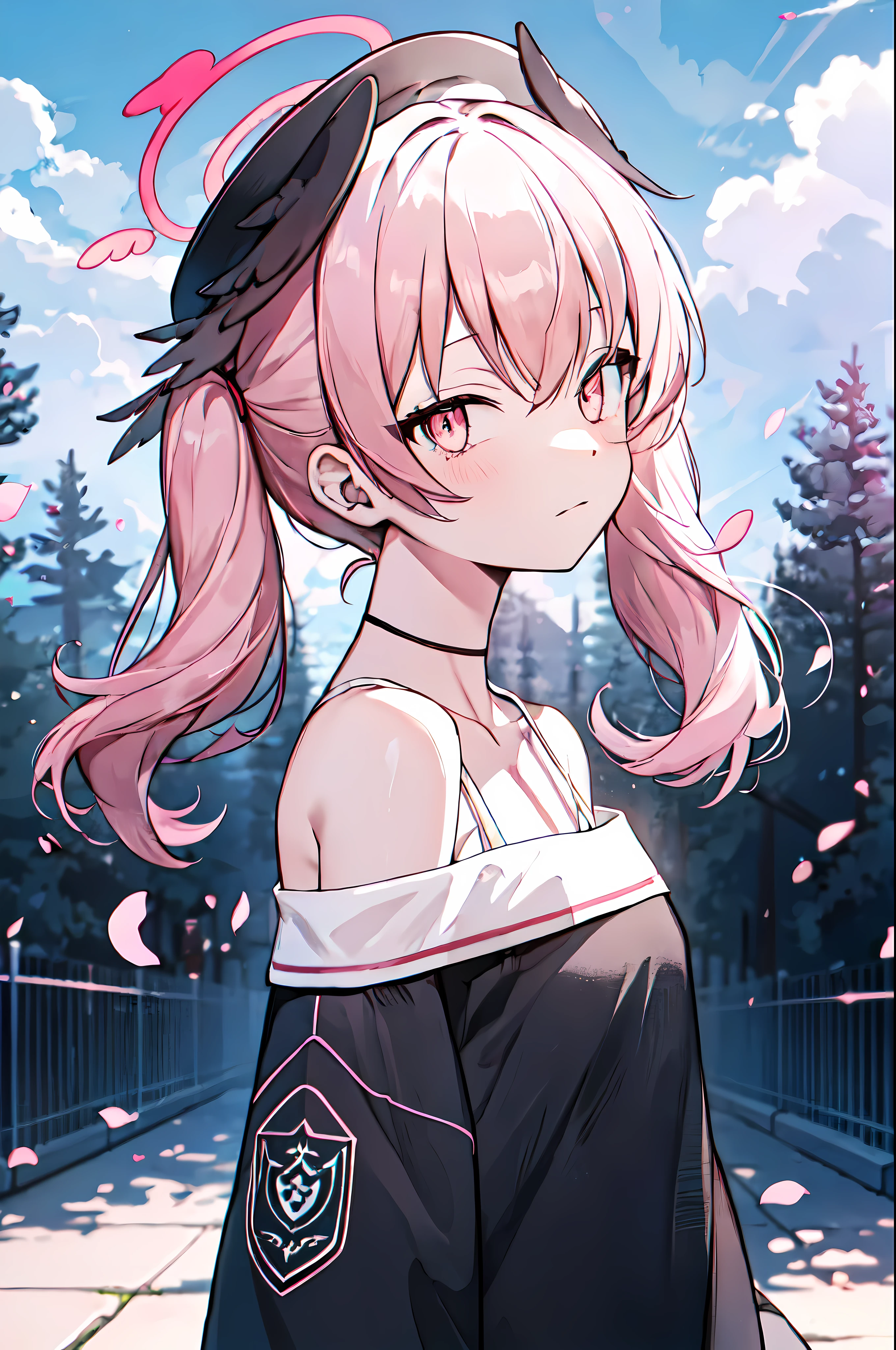 detailed, (masterpiece:1.2), (pale_skin), (solo:1.2), (female), (emphasis lines:1.3), slender, (pink_hair), outdoors, sky, collarbone, pink_eyes, bracelets, (averting_eyes:1.3), (off_shoulder), park, trees, halo, cap, hat, twin_tails