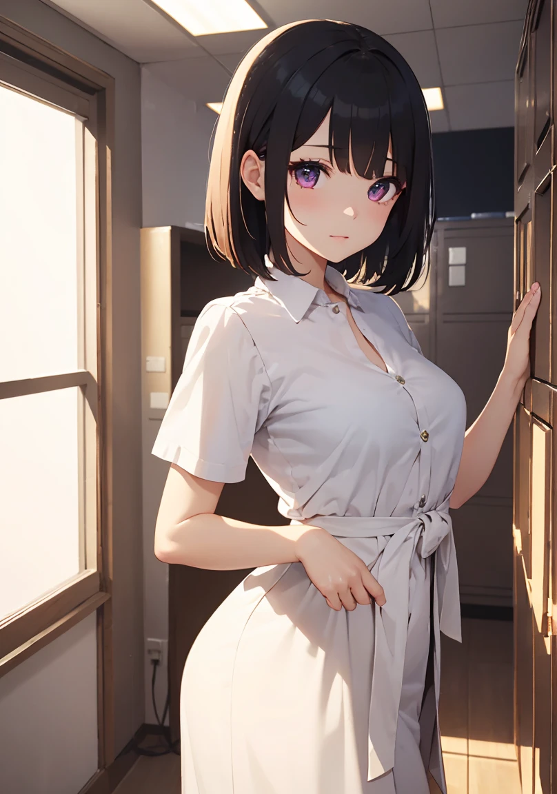 masterpiece, absurdres, best quality, ultra detailed, high Resolution, detailed illustration, extremely beautiful detailed face and eyes, bright colour, 1girl, (li), cute face, Delicate beautiful face, magenta eyes, cute eyes, sparkling eyes, big eyes, medium breasts, (perky breasts:1.1), (pointy breasts:1.1), medium hips, glamorous body, white skin, happy, BREAK, long bob cut, (blonde hair:0.8), messy hair, detailed hair, shiny hair, BREAK waitress uniform, tiny ribbon, Changing clothes, workplace locker room, real world, natural lights, perfect lighting,