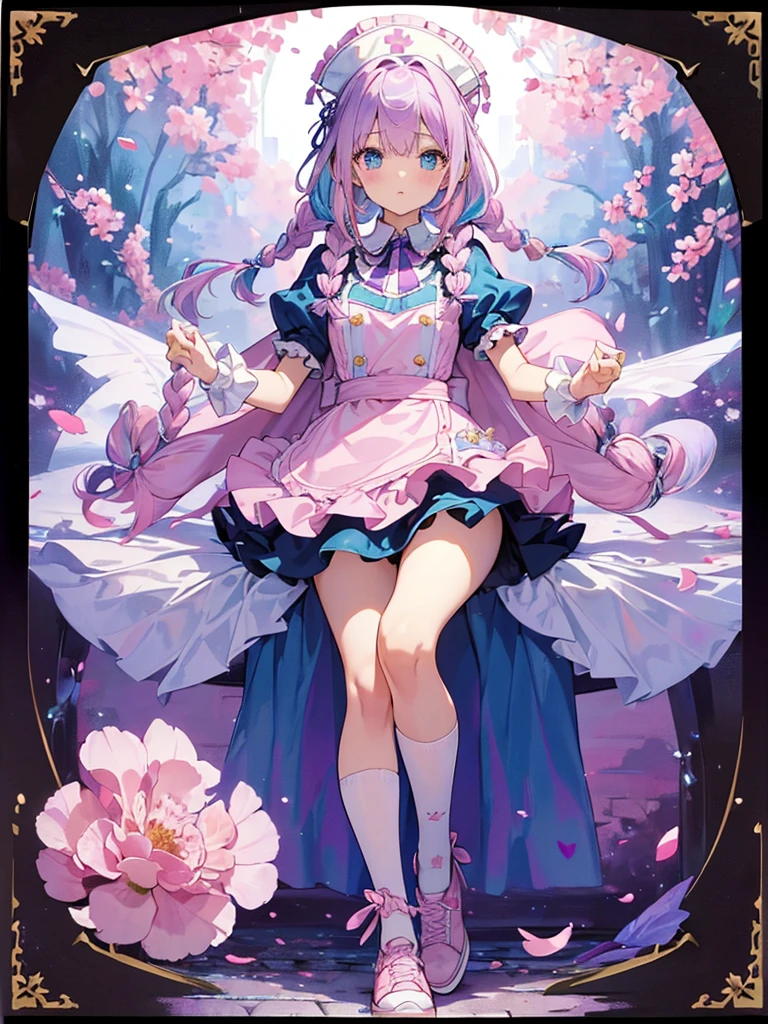 photo realistic, (masterpiece,best quality:1.4),(8k,raw photo,photo realistic:1.2),Not Safe for Work, detailed skin,detailed face,1girl,princess, cute face, super resolution,retro realistic details Illustration,,{{{elaborate,intricately,fantastic,delicately,tremendous,meticulous,minute,incredibly,obsessed,artisan's,subtle,virtuoso,skillful,vibrant, vivid, complex}}}, clearly focus edge, fresh natural gradation, best quality, amazing quality, very aesthetic, absurdres, pubisure, (((Pink gothic dresses))), mini frilled skirt, (((twin braids))), (frilled panties), happy, ((nurse cap)), ((fighting stance, {{kung fu}}, leg up,)), Alice (Alice in Wonderland), Hair Between Eyes, ((Long hair)), ((light purple hair)), shimmering eyes, aqua eyes, child, 12 yo, petite, cute, (((cape))), Puffy Sleeves, shortsleeves, (((Holding a cute magic wand))), (White frilled apron), flat chest, beautiful hands, neck ribbon, White gloves, baby face, twinkle in the eye, ((pink ribbon)) (((frilled overknee socks))),(((high tops))), ((high heels)), Heart necklace, ring, masterpiece, top-quality, not safe for work, yumekawa,yumekawaii, pastel color,(wonderland:1.3),imagination, (((falling petals))), Flower, (Multicolored lights), (((trading card)))