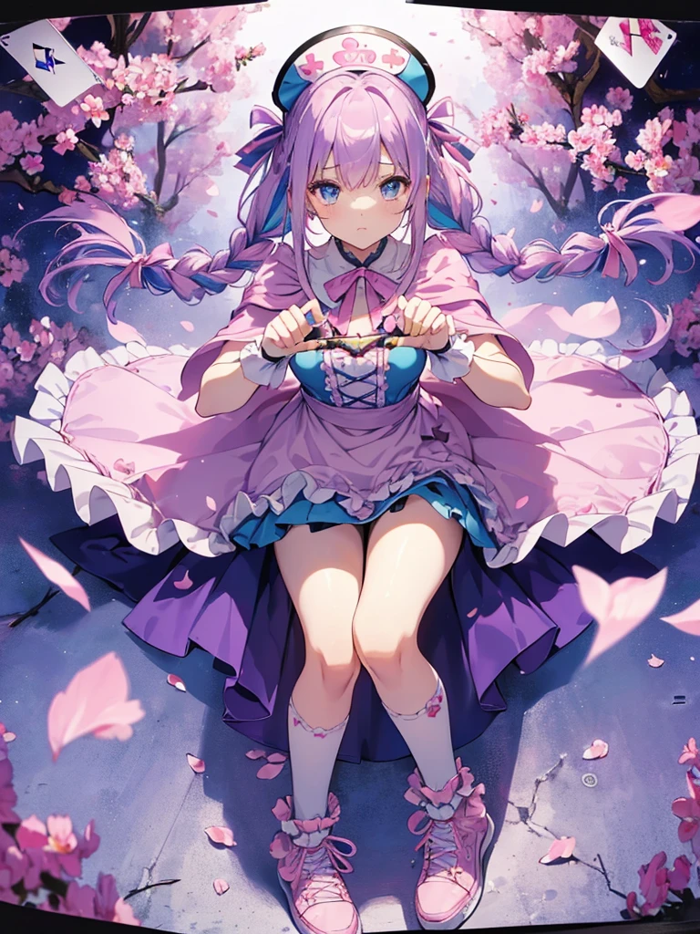 photo realistic, (masterpiece,best quality:1.4),(8k,raw photo,photo realistic:1.2),Not Safe for Work, detailed skin,detailed face,1girl,princess, cute face, super resolution,retro realistic details Illustration,,{{{elaborate,intricately,fantastic,delicately,tremendous,meticulous,minute,incredibly,obsessed,artisan's,subtle,virtuoso,skillful,vibrant, vivid, complex}}}, clearly focus edge, fresh natural gradation, best quality, amazing quality, very aesthetic, absurdres, pubisure, (((Pink gothic dresses))), mini frilled skirt, (((twin braids))), (frilled panties), happy, ((nurse cap)), ((fighting stance, {{kung fu}}, leg up,)), Alice (Alice in Wonderland), Hair Between Eyes, ((Long hair)), ((light purple hair)), shimmering eyes, aqua eyes, child, 12 yo, petite, cute, (((cape))), Puffy Sleeves, shortsleeves, (((Holding a cute magic wand))), (White frilled apron), flat chest, beautiful hands, neck ribbon, White gloves, baby face, twinkle in the eye, ((pink ribbon)) (((frilled overknee socks))),(((high tops))), ((high heels)), Heart necklace, ring, masterpiece, top-quality, not safe for work, yumekawa,yumekawaii, pastel color,(wonderland:1.3),imagination, (((falling petals))), Flower, (Multicolored lights), (((trading card)))