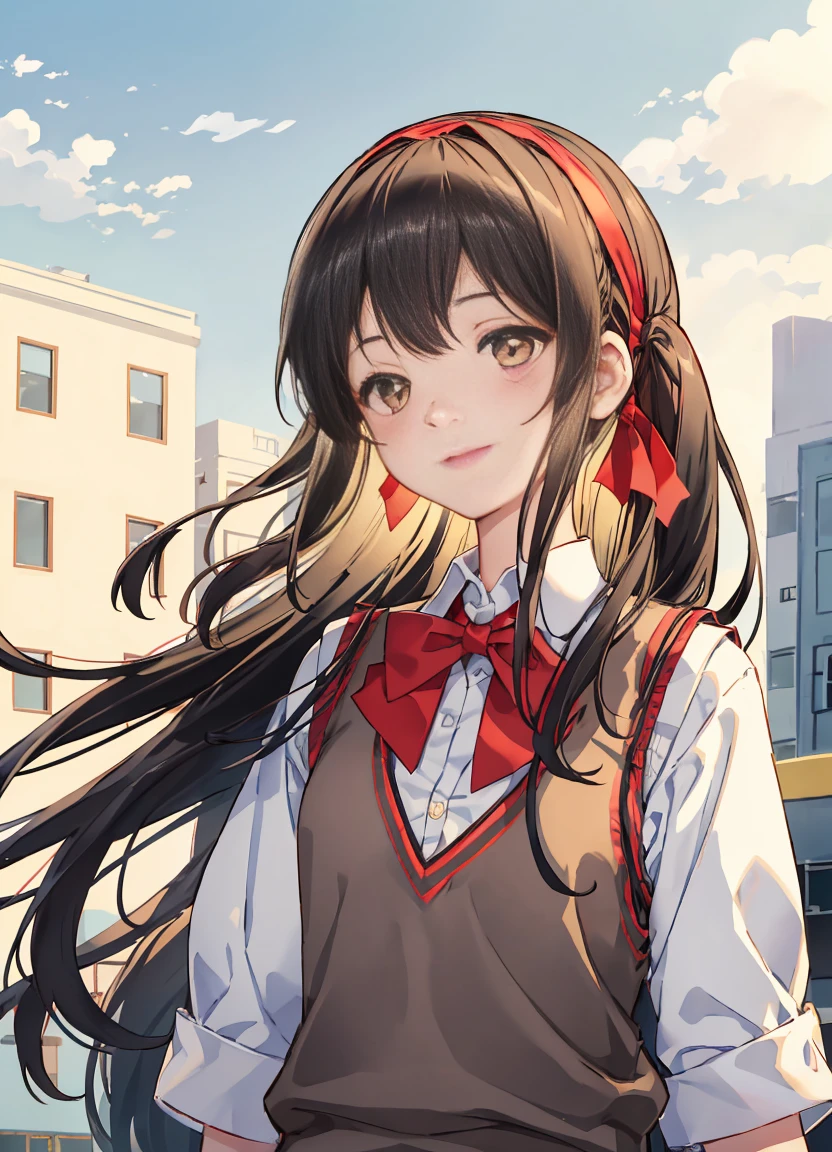 Xin Haicheng, Kimi no Nawa., 1 girl, Bangs, black hair, blue Sky, blush, bow, bowtie, brown eyes, cloud, collared shirt, hair ribbon, Headband, looking at the audience, negative space, outdoor, red bow, red bowtie, red Headband, red ribbon, ribbon, Uniforms, white shirt, long hair, Sky, Smile, alone, sweater Vest, Upper body, Vest, white shirt, yellow sweater Vest, yellow Vest