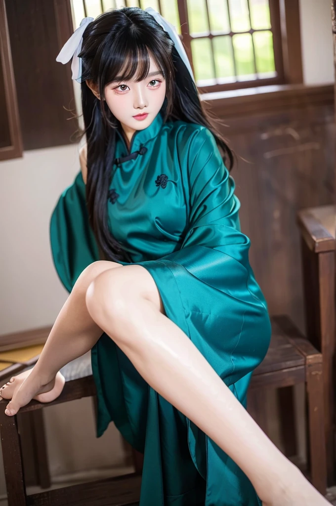 A Korean girl, radiantly beautiful in a Masterpiece illustration of Best Quality, dons a traditional Hanbok Dress in vibrant colors. Her Medium-length, perfectly styled hair cascades down her shoulders, framing her glowing, intricately detailed eyes. The illustration boasts Ultra-detailed, finely crafted features, the resolution so high it forms an 8K Wallpaper. With a natural color lip and random poses, her youthful charm shines through at the tender age of 20. Her beautifully designed Hanbok accentuates the subtle cleavage of her breasts, the natural colors of her skin and legs displayed with incredible realism.