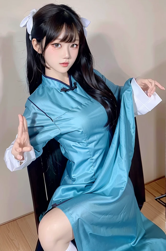 A Korean girl, radiantly beautiful in a Masterpiece illustration of Best Quality, dons a traditional Hanbok Dress in vibrant colors. Her Medium-length, perfectly styled hair cascades down her shoulders, framing her glowing, intricately detailed eyes. The illustration boasts Ultra-detailed, finely crafted features, the resolution so high it forms an 8K Wallpaper. With a natural color lip and random poses, her youthful charm shines through at the tender age of 20. Her beautifully designed Hanbok accentuates the subtle cleavage of her breasts, the natural colors of her skin and legs displayed with incredible realism.