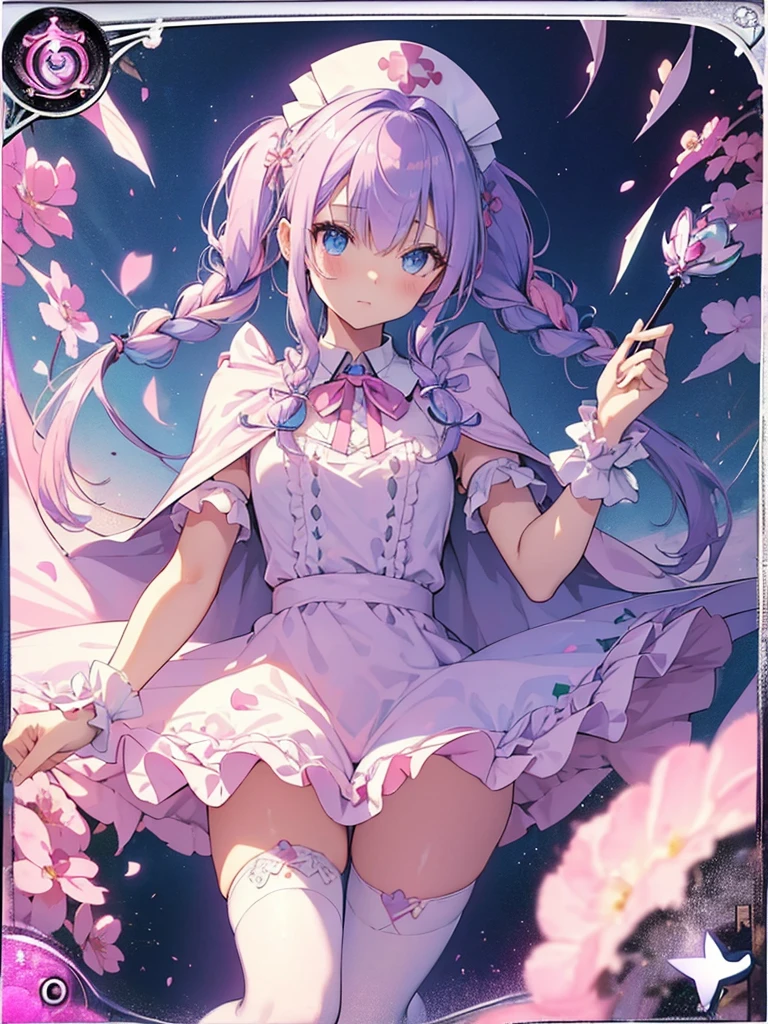 photo realistic, (masterpiece,best quality:1.4),(8k,raw photo,photo realistic:1.2),Not Safe for Work, detailed skin,detailed face,1girl,princess, cute face, super resolution,retro realistic details Illustration,,{{{elaborate,intricately,fantastic,delicately,tremendous,meticulous,minute,incredibly,obsessed,artisan's,subtle,virtuoso,skillful,vibrant, vivid, complex}}}, clearly focus edge, fresh natural gradation, best quality, amazing quality, very aesthetic, absurdres, pubisure, (((Pink gothic dresses))), mini frilled skirt, (((twin braids))), (frilled panties), happy, ((nurse cap)), ((fighting stance, {{kung fu}}, leg up,)), Alice (Alice in Wonderland), Hair Between Eyes, ((Long hair)), ((light purple hair)), shimmering eyes, aqua eyes, child, 12 yo, petite, cute, (((cape))), Puffy Sleeves, shortsleeves, (((Holding a cute magic wand))), (White frilled apron), flat chest, beautiful hands, neck ribbon, White gloves, baby face, twinkle in the eye, ((pink ribbon)) (((frilled overknee socks))),(((high tops))), ((high heels)), Heart necklace, ring, masterpiece, top-quality, not safe for work, yumekawa,yumekawaii, pastel color,(wonderland:1.3),imagination, (((falling petals))), Flower, (Multicolored lights), (((trading card)))