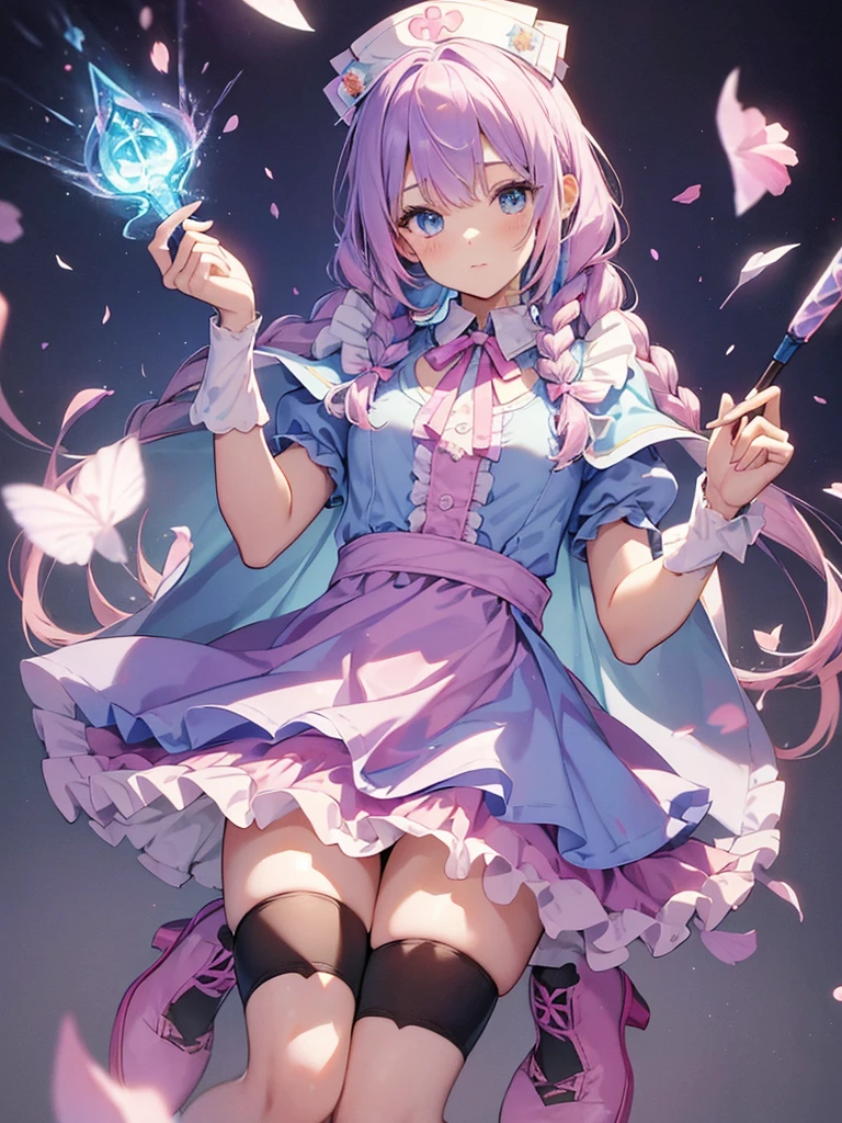 photo realistic, (masterpiece,best quality:1.4),(8k,raw photo,photo realistic:1.2),Not Safe for Work, detailed skin,detailed face,1girl,princess, cute face, super resolution,retro realistic details Illustration,,{{{elaborate,intricately,fantastic,delicately,tremendous,meticulous,minute,incredibly,obsessed,artisan's,subtle,virtuoso,skillful,vibrant, vivid, complex}}}, clearly focus edge, fresh natural gradation, best quality, amazing quality, very aesthetic, absurdres, pubisure, (((Pink  gothic dresses))), mini frilled skirt, (((twin braids))), (frilled panties), happy, ((nurse cap)), ((fighting stance, {{kung fu}}, leg up,)), Alice (Alice in Wonderland), Hair Between Eyes, ((Long hair)), ((light purple hair)), shimmering eyes, aqua eyes, child, 12 yo, petite, cute, (((cape))), Puffy Sleeves, shortsleeves, (((Holding a cute magic wand))), (White frilled apron), flat chest, beautiful hands, neck ribbon, White gloves, baby face, twinkle in the eye, ((pink ribbon)) (((frilled overknee socks))),(((high tops))), ((high heels)), Heart necklace, ring, masterpiece, top-quality, not safe for work, yumekawa,yumekawaii, pastel color,(wonderland:1.3),imagination, (((falling petals))), Flower, (Multicolored lights), (((trading card)))