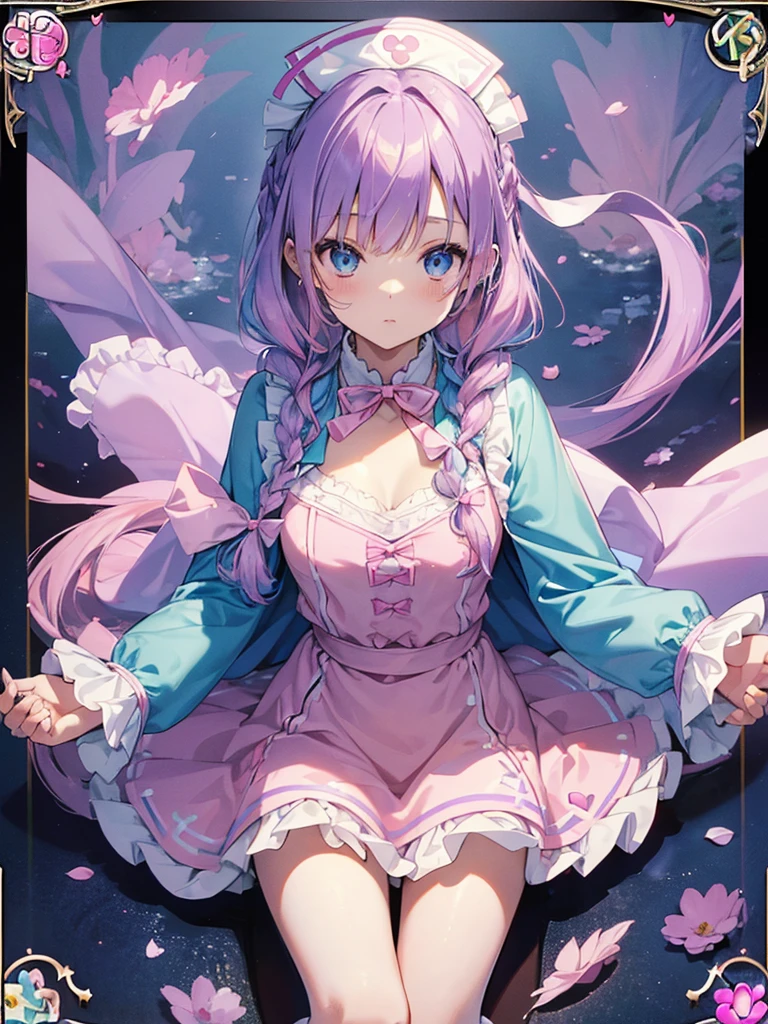 photo realistic, (masterpiece,best quality:1.4),(8k,raw photo,photo realistic:1.2),Not Safe for Work, detailed skin,detailed face,1girl,princess, cute face, super resolution,retro realistic details Illustration,,{{{elaborate,intricately,fantastic,delicately,tremendous,meticulous,minute,incredibly,obsessed,artisan's,subtle,virtuoso,skillful,vibrant, vivid, complex}}}, clearly focus edge, fresh natural gradation, best quality, amazing quality, very aesthetic, absurdres, pubisure, (((Pink gothic dresses))), mini frilled skirt, (((twin braids))), (frilled panties), happy, ((nurse cap)), ((fighting stance, {{kung fu}}, leg up,)), Alice (Alice in Wonderland), Hair Between Eyes, ((Long hair)), ((light purple hair)), shimmering eyes, aqua eyes, child, 12 yo, petite, cute, (((cape))), Puffy Sleeves, shortsleeves, (((Holding a cute magic wand))), (White frilled apron), flat chest, beautiful hands, neck ribbon, White gloves, baby face, twinkle in the eye, ((pink ribbon)) (((frilled overknee socks))),(((high tops))), ((high heels)), Heart necklace, ring, masterpiece, top-quality, not safe for work, yumekawa,yumekawaii, pastel color,(wonderland:1.3),imagination, (((falling petals))), Flower, (Multicolored lights), (((trading card)))