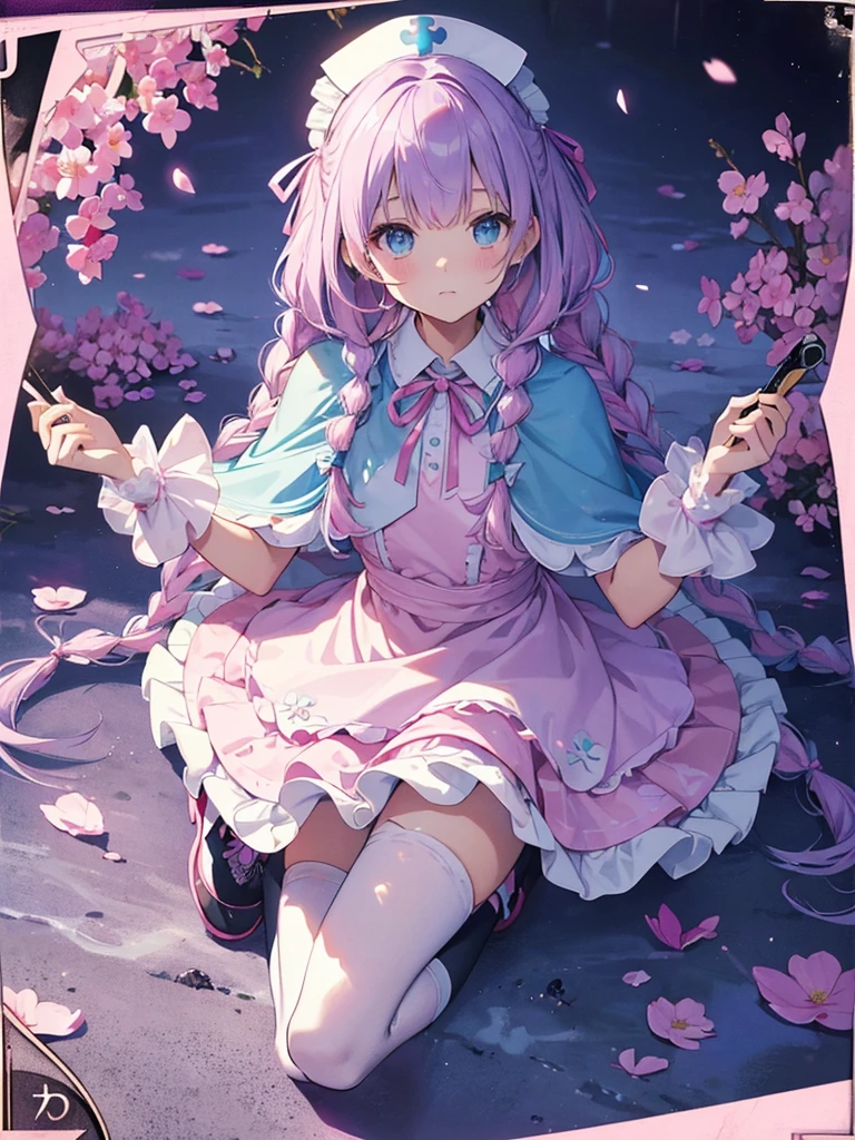 photo realistic, (masterpiece,best quality:1.4),(8k,raw photo,photo realistic:1.2),Not Safe for Work, detailed skin,detailed face,1girl,princess, cute face, super resolution,retro realistic details Illustration,,{{{elaborate,intricately,fantastic,delicately,tremendous,meticulous,minute,incredibly,obsessed,artisan's,subtle,virtuoso,skillful,vibrant, vivid, complex}}}, clearly focus edge, fresh natural gradation, best quality, amazing quality, very aesthetic, absurdres, pubisure, (((Pink gothic dresses))), mini frilled skirt, (((twin braids))), (frilled panties), happy, ((nurse cap)), ((fighting stance, {{kung fu}}, leg up,)), Alice (Alice in Wonderland), Hair Between Eyes, ((Long hair)), ((light purple hair)), shimmering eyes, aqua eyes, child, 12 yo, petite, cute, (((cape))), Puffy Sleeves, shortsleeves, (((Holding a cute magic wand))), (White frilled apron), flat chest, beautiful hands, neck ribbon, White gloves, baby face, twinkle in the eye, ((pink ribbon)) (((frilled overknee socks))),(((high tops))), ((high heels)), Heart necklace, ring, masterpiece, top-quality, not safe for work, yumekawa,yumekawaii, pastel color,(wonderland:1.3),imagination, (((falling petals))), Flower, (Multicolored lights), (((trading card)))