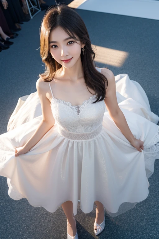 (best quality,4k,8k,highres,masterpiece:1.2),ultra-detailed,(realistic,photorealistic,photo-realistic:1.37),portraits,landscape,bride,girl:1.1,beautiful detailed eyes,beautiful detailed lips,extremely detailed eyes and face,longeyelashes,asian:1.1,tulip fields,big,scenic view,overlooking view,floral paradise,vibrant colors,soft lighting,ethereal atmosphere,dreamlike setting,romantic,elegant,graceful, ((above knee length wedding gown)),flowing fabric,delicate lace details,fitted bodice, above knee length skirt with layers of tulle,veil:1.1,cascading bouquet,blushing cheeks,radiant smile,fresh makeup,hair styled in loose curls,gentle breeze,peaceful,serene