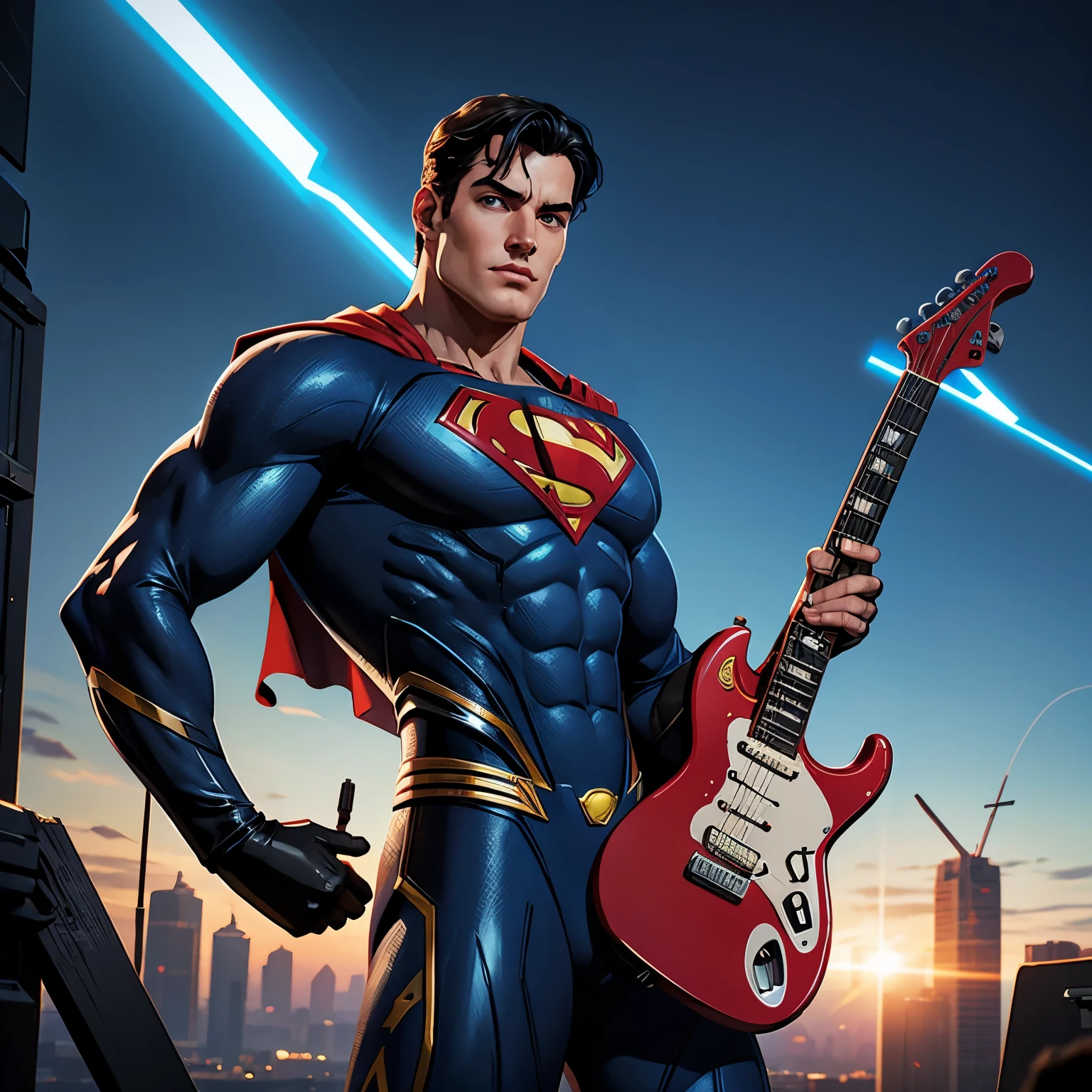 Superman Cyber Suit, Ciberpunk, 8k . He&#39;s playing electric guitar at Christ the Redeemer