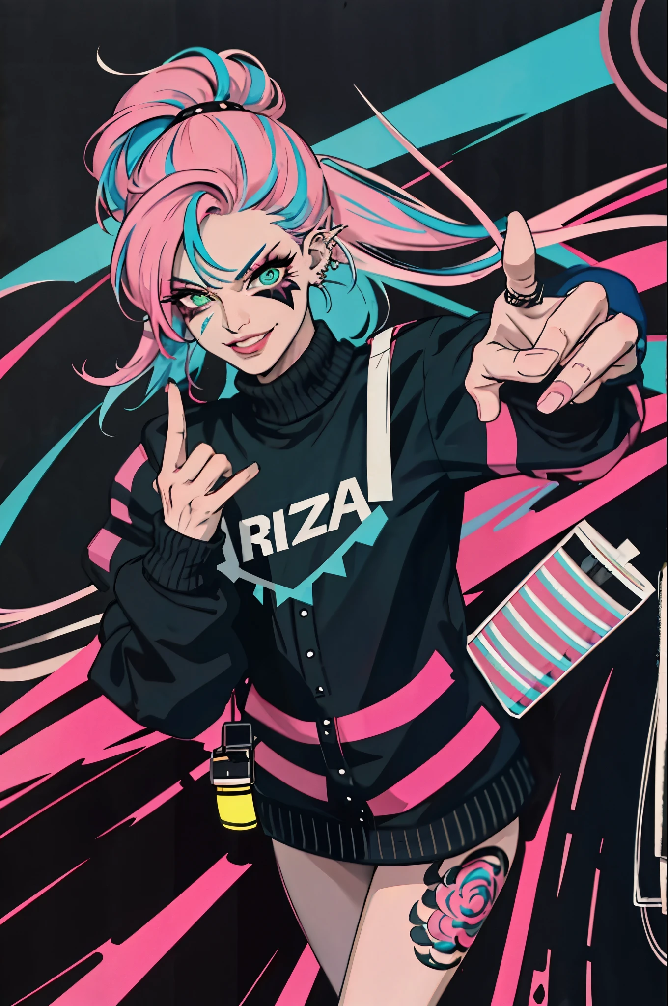 kpop girl with rizz smile face, bad ass, black gloves,neon cyan pink hair, tattoos on hands and neck, piercing, black mixed green striped sweater, cool badass pose, smoke background, colorful smoke background